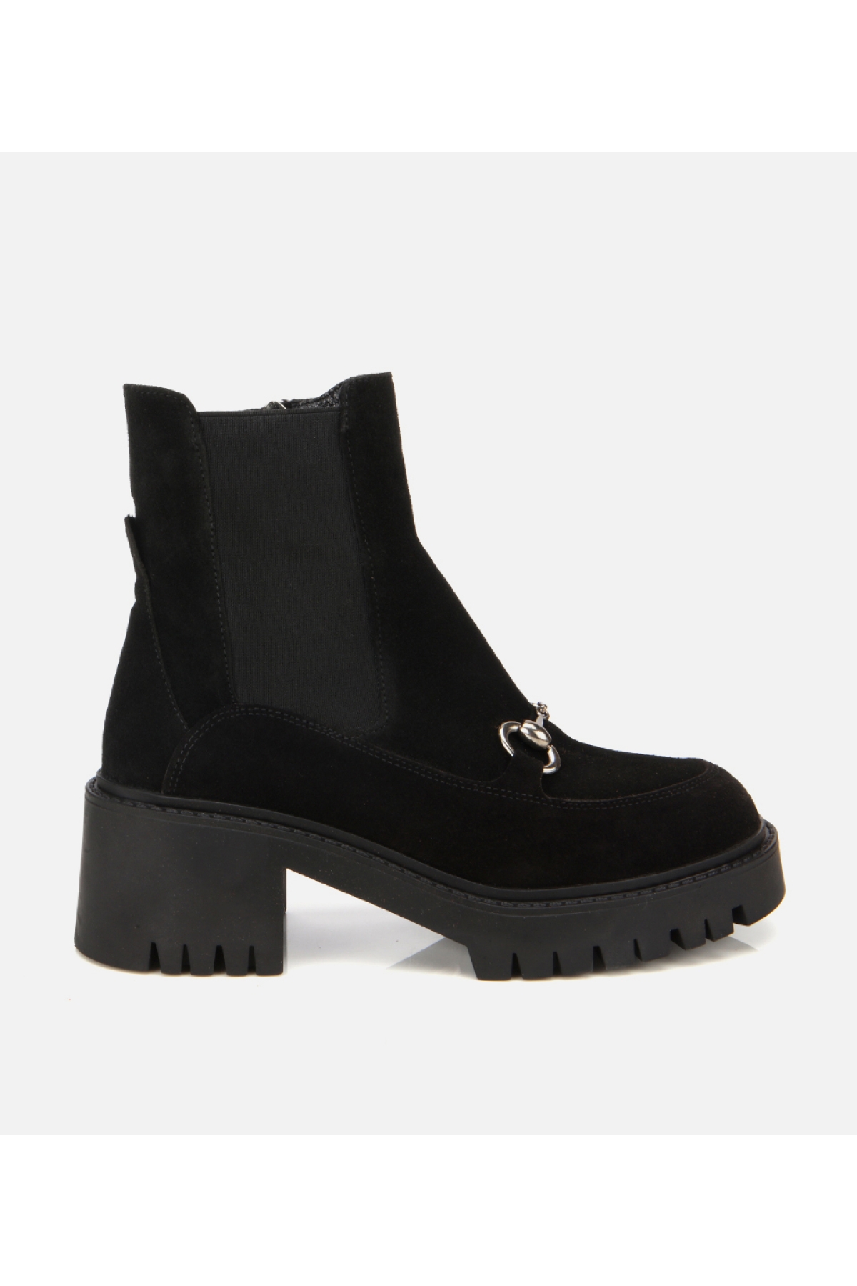Hotiç Kadın Süet Deri Siyah Taba Tokalı Lastik Detaylı Kalın Tabanlı Topuklu Bot model görseli