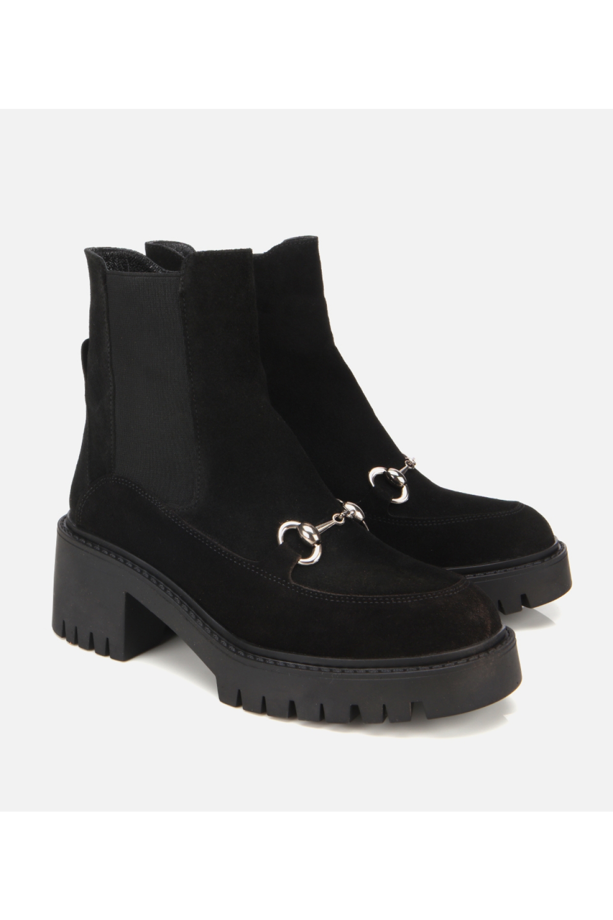 Kadın Süet Deri Siyah Tokalı Lastik Detaylı Kalın Tabanlı Topuklu Bot - Görsel 2