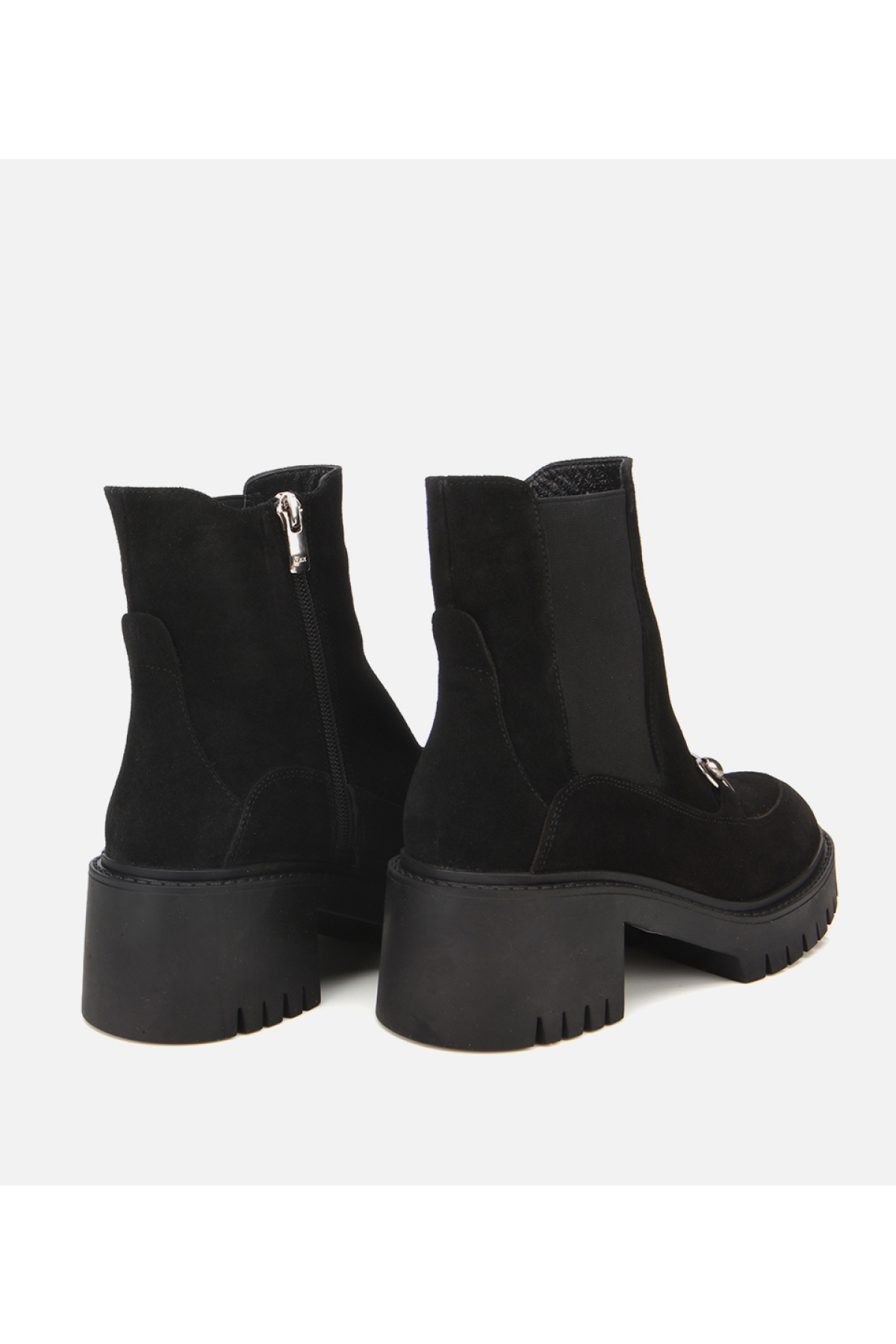 Kadın Süet Deri Siyah Tokalı Lastik Detaylı Kalın Tabanlı Topuklu Bot - Görsel 4