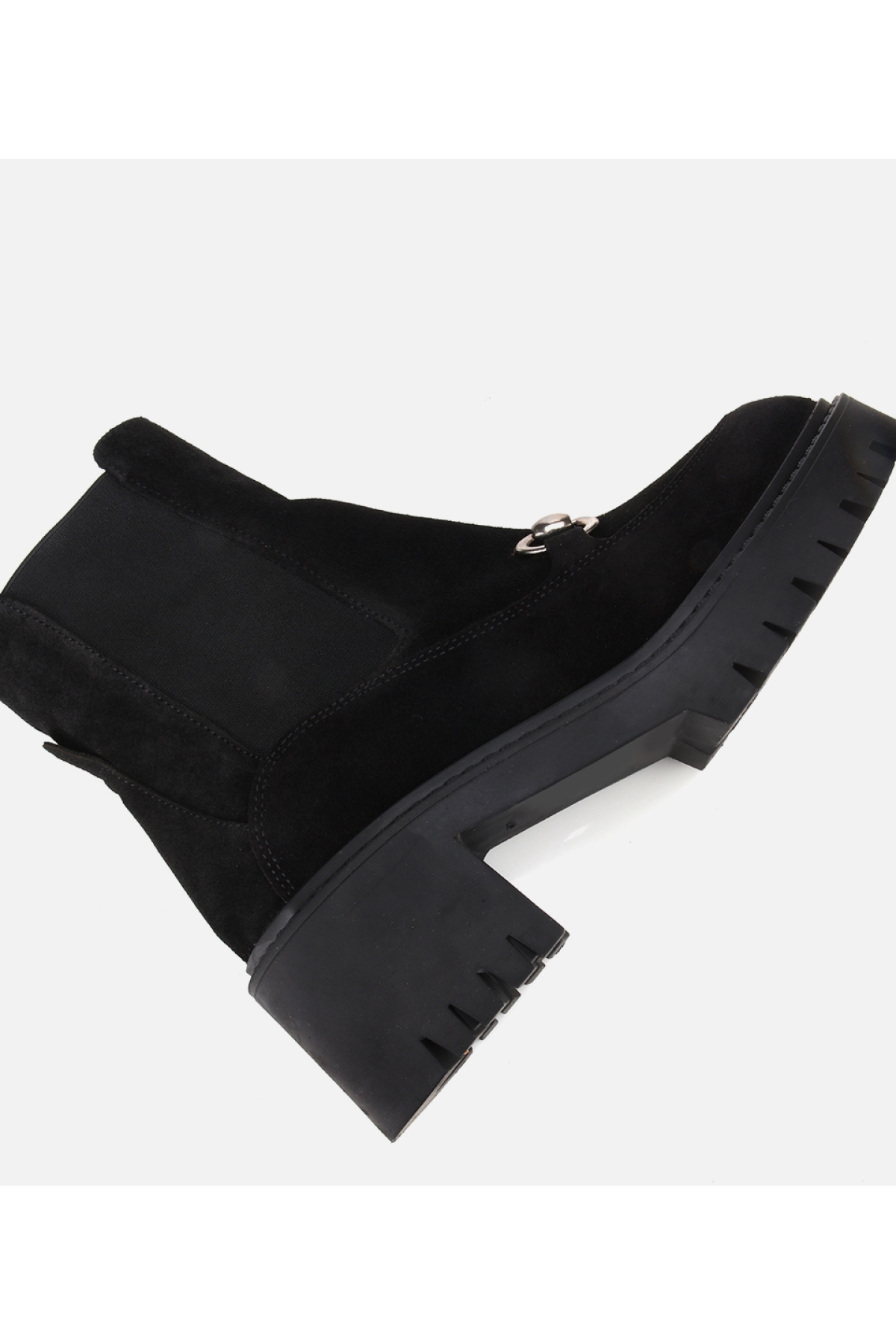 Kadın Süet Deri Siyah Tokalı Lastik Detaylı Kalın Tabanlı Topuklu Bot - Görsel 6