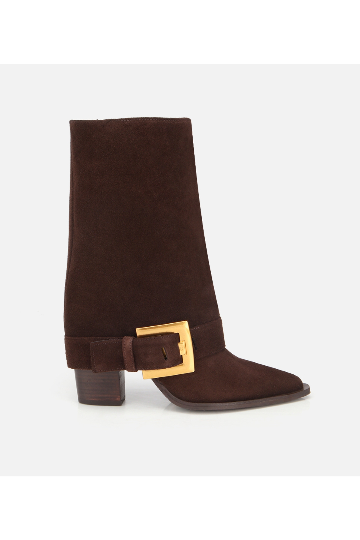 Hotiç Kadın Süet Deri Kahverengi Pantolon Görünümlü Gold Tokalı Topuklu Bot model görseli