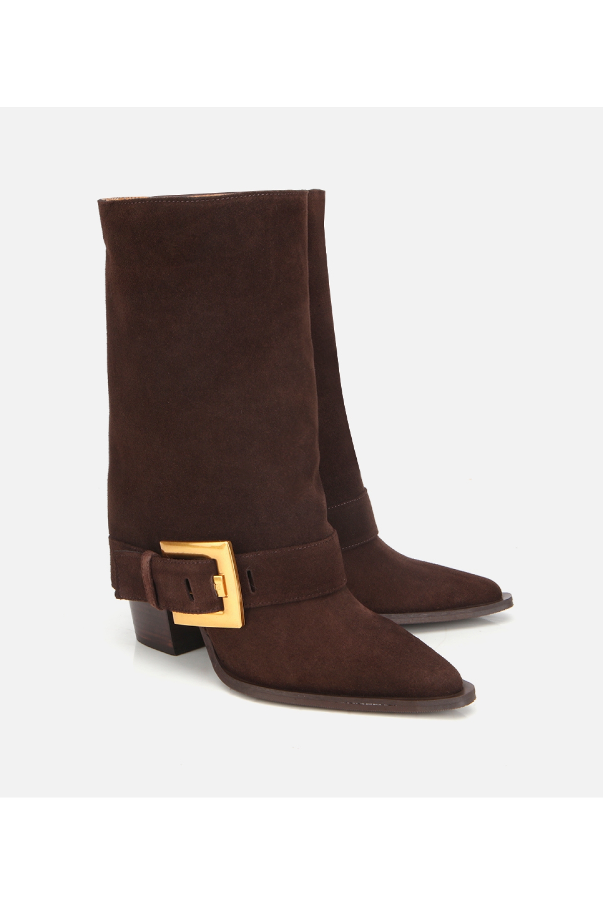 Kadın Süet Deri Kahverengi Pantolon Görünümlü Gold Tokalı Topuklu Bot - Görsel 2
