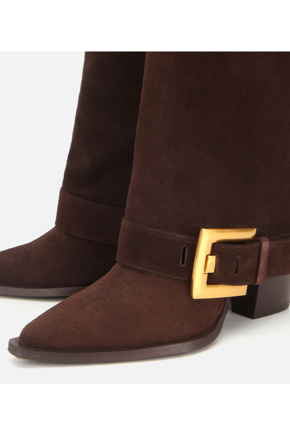 Kadın Süet Deri Kahverengi Pantolon Görünümlü Gold Tokalı Topuklu Bot - Görsel 3