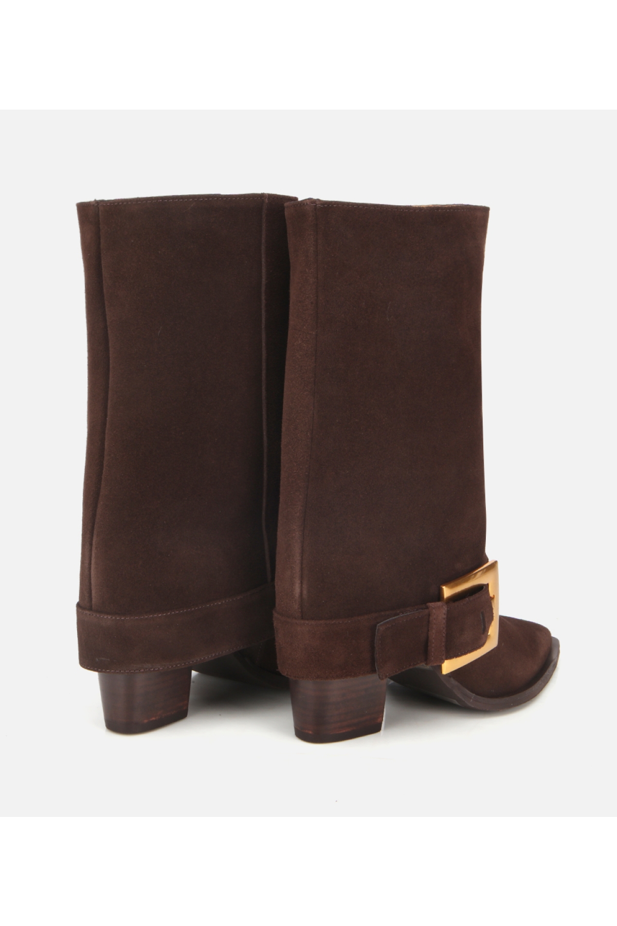 Kadın Süet Deri Kahverengi Pantolon Görünümlü Gold Tokalı Topuklu Bot - Görsel 4