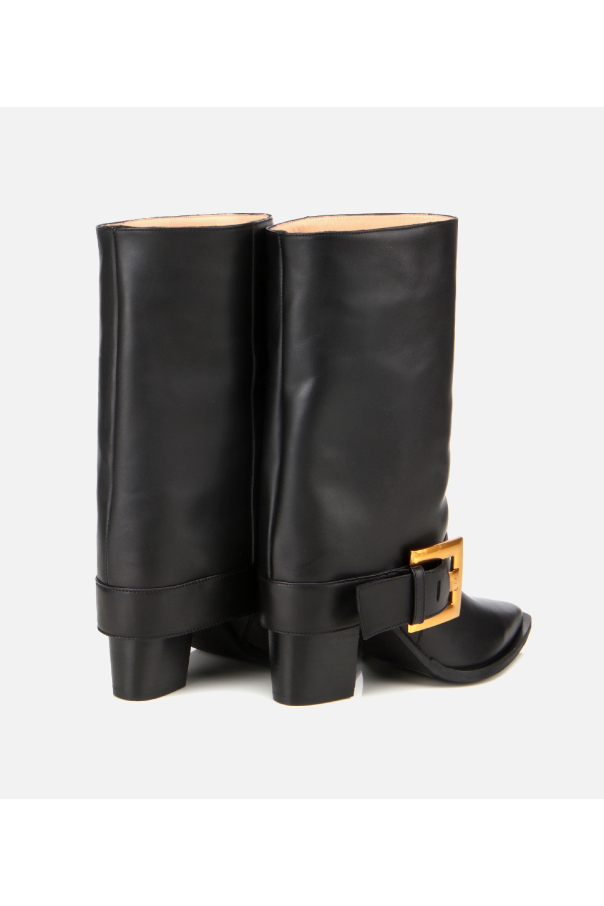 Kadın Deri Siyah Pantolon Görünümlü Gold Tokalı Kalın Topuklu Bot - Görsel 4