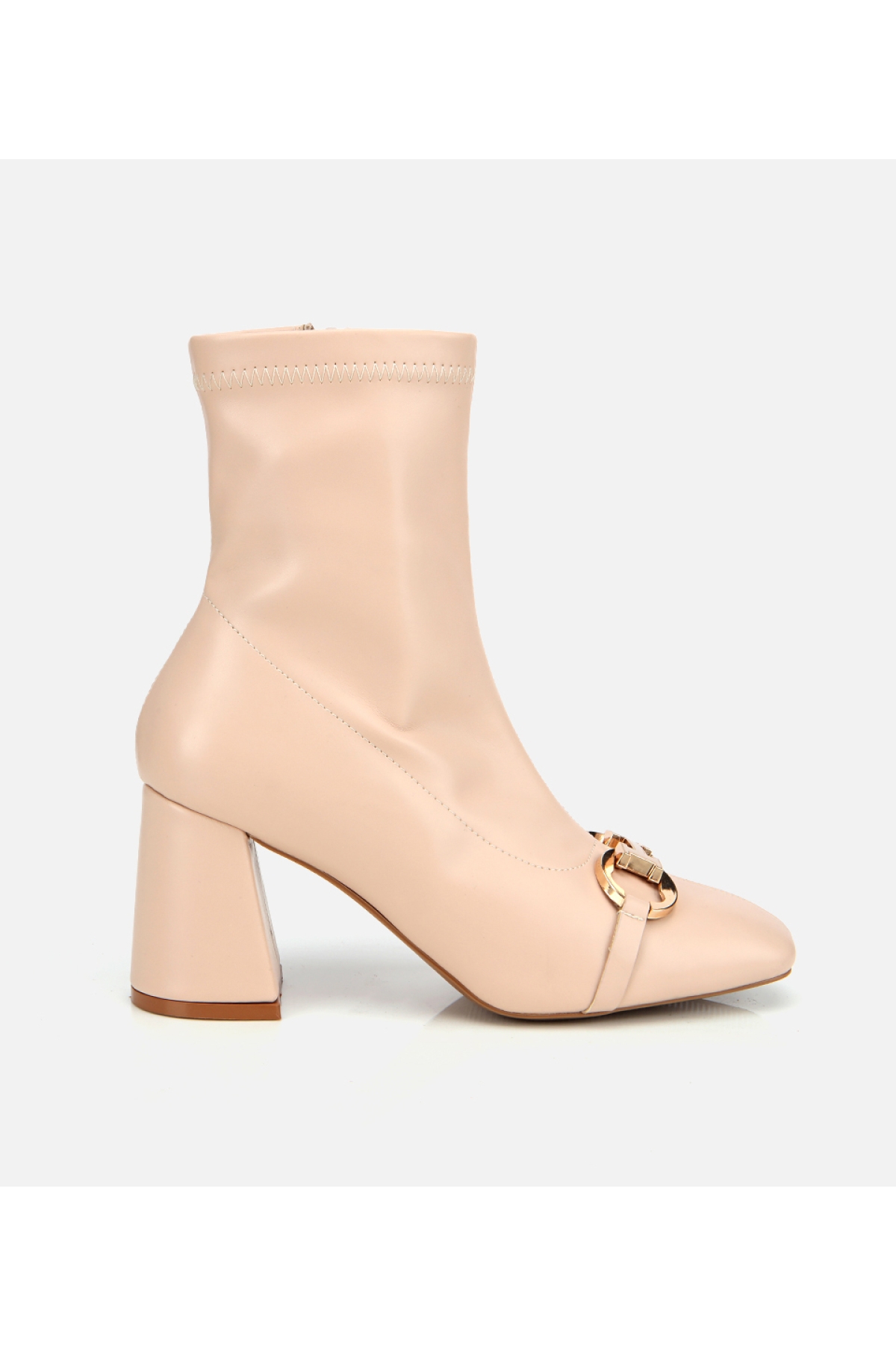 Kadın Bej Tokalı Streç Fermuarlı Yüksek Topuklu Bot