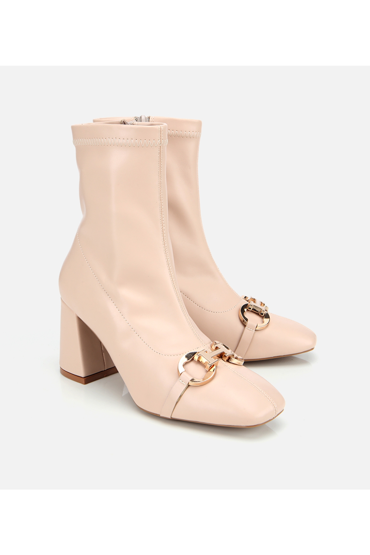 Kadın Bej Tokalı Streç Fermuarlı Yüksek Topuklu Bot - Görsel 2