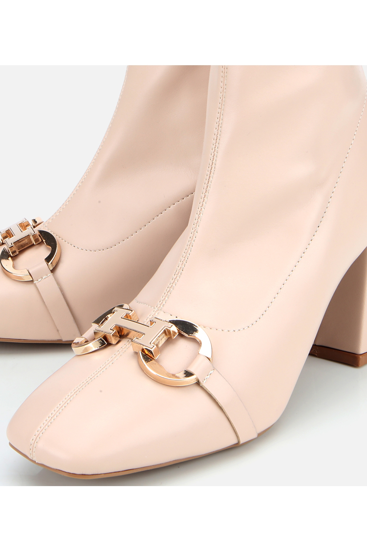 Kadın Bej Tokalı Streç Fermuarlı Yüksek Topuklu Bot - Görsel 3