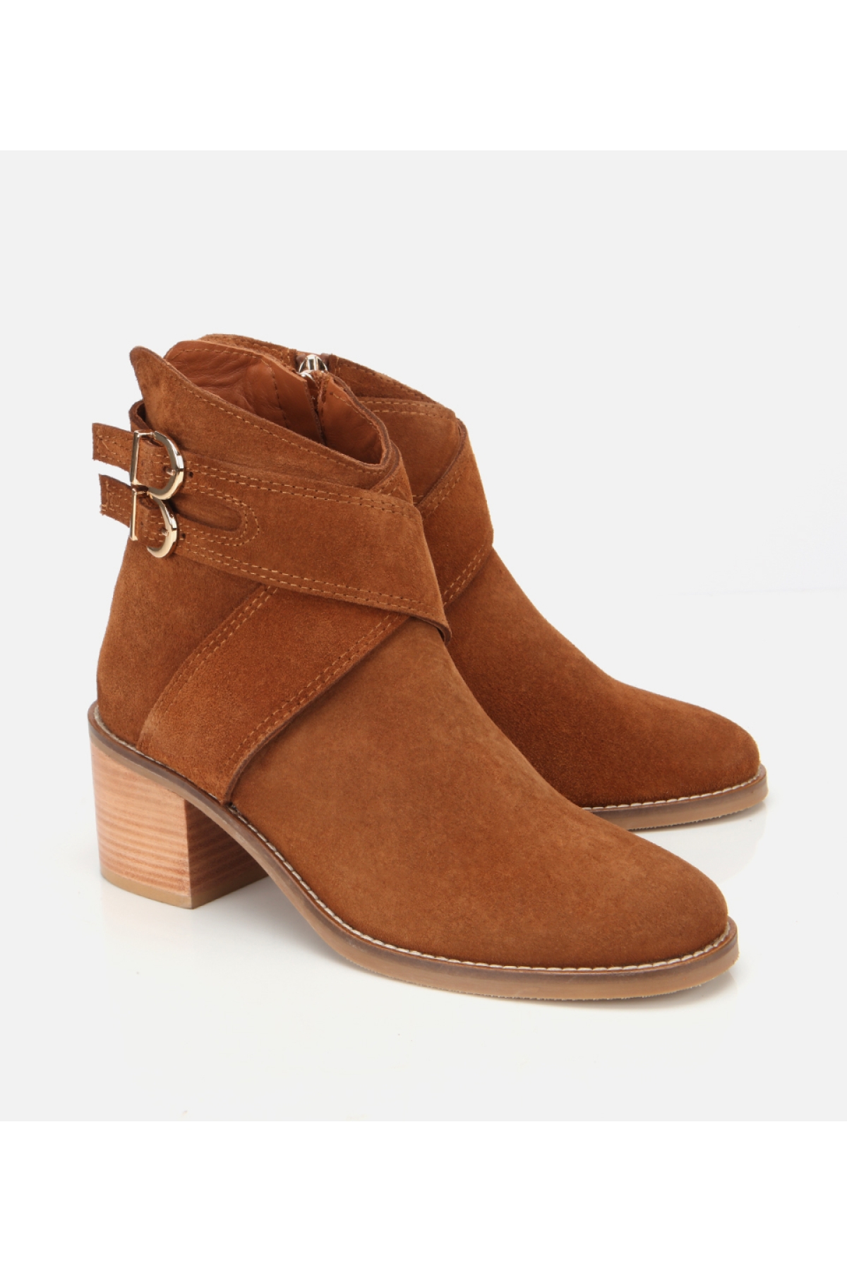 Kadın Süet Deri Taba Gold Detaylı Tokalı Topuklu Bot - Görsel 2