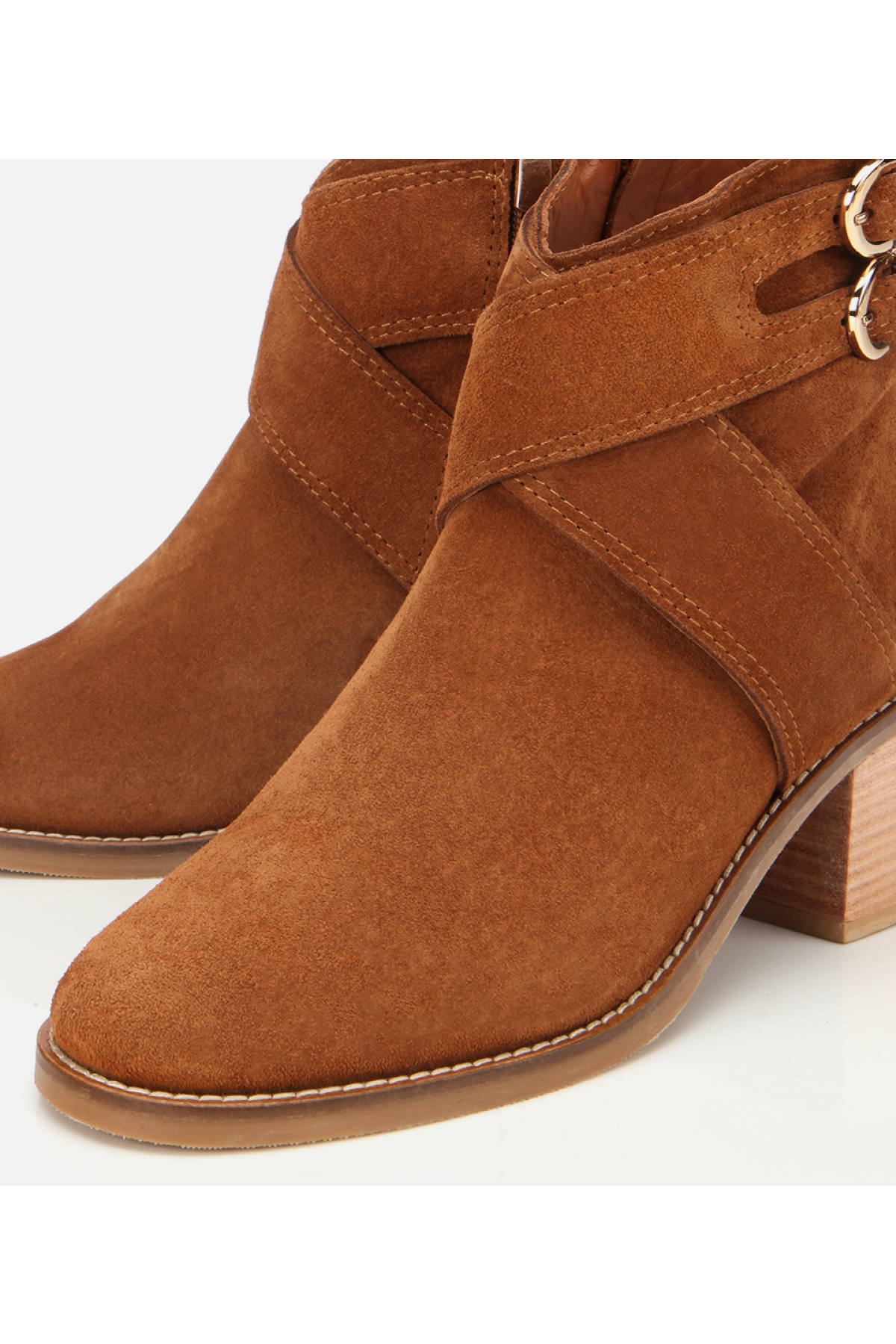 Kadın Süet Deri Taba Gold Detaylı Tokalı Topuklu Bot - Görsel 3