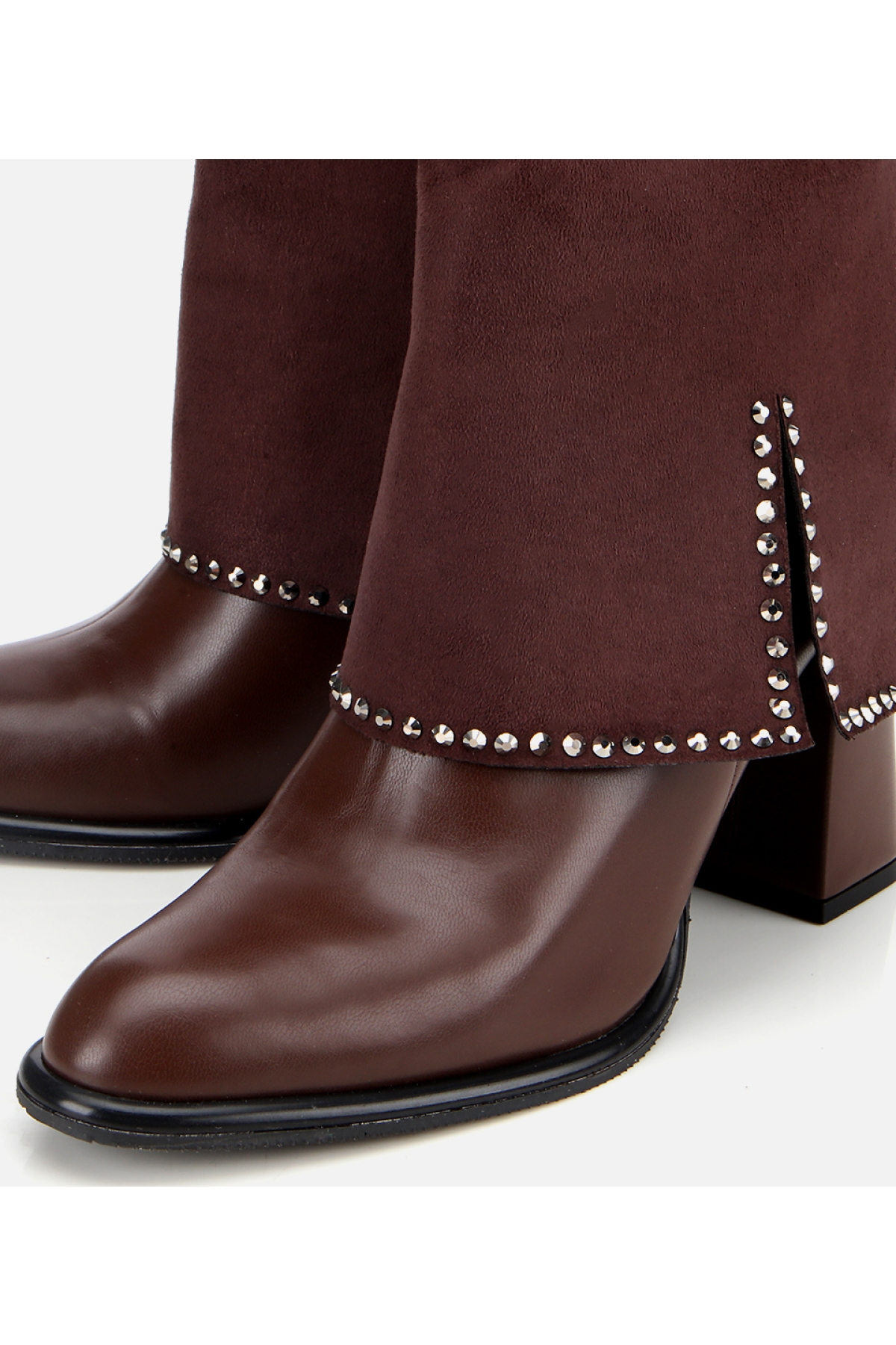 Kadın Kahverengi Pantolon Görünümlü Zımbalı Kalın Topuklu Bot - Görsel 3
