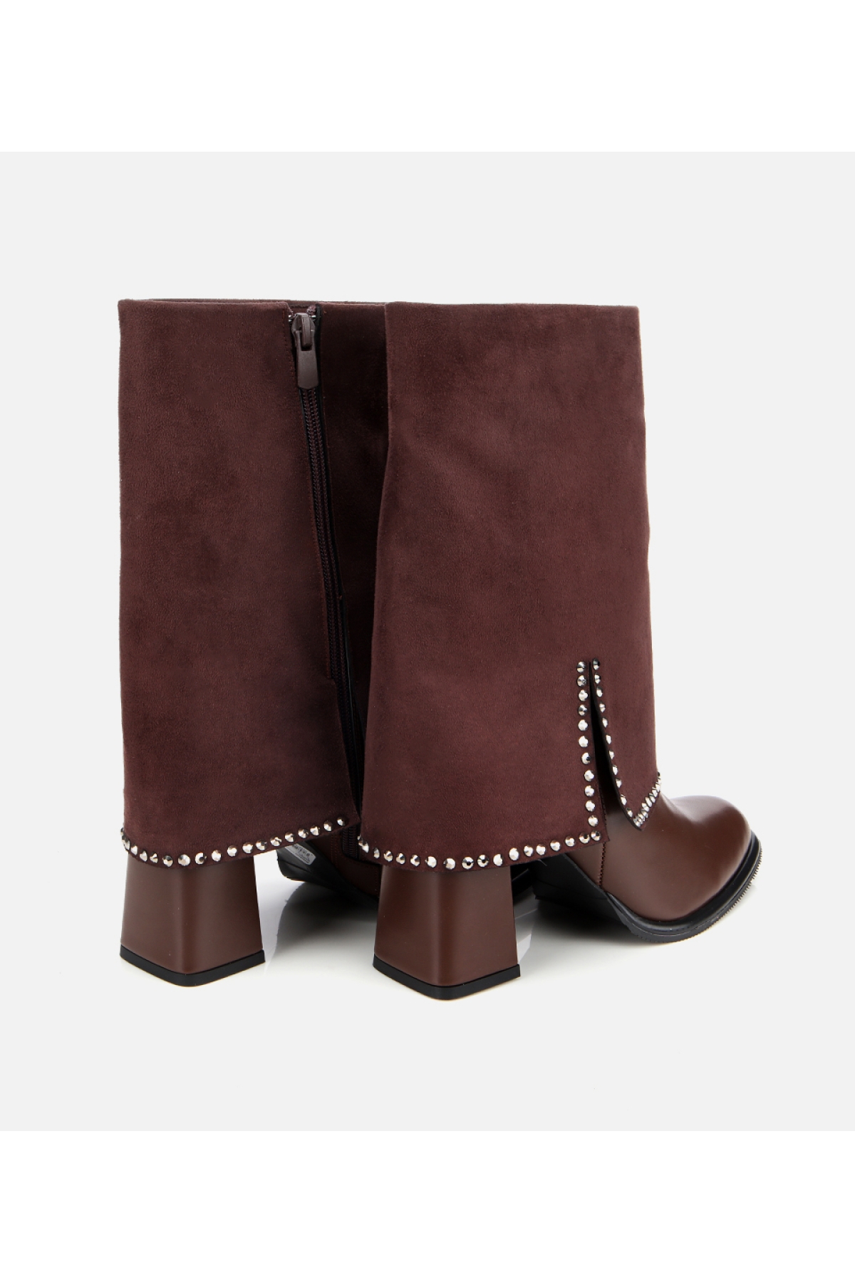 Kadın Kahverengi Pantolon Görünümlü Zımbalı Kalın Topuklu Bot - Görsel 4