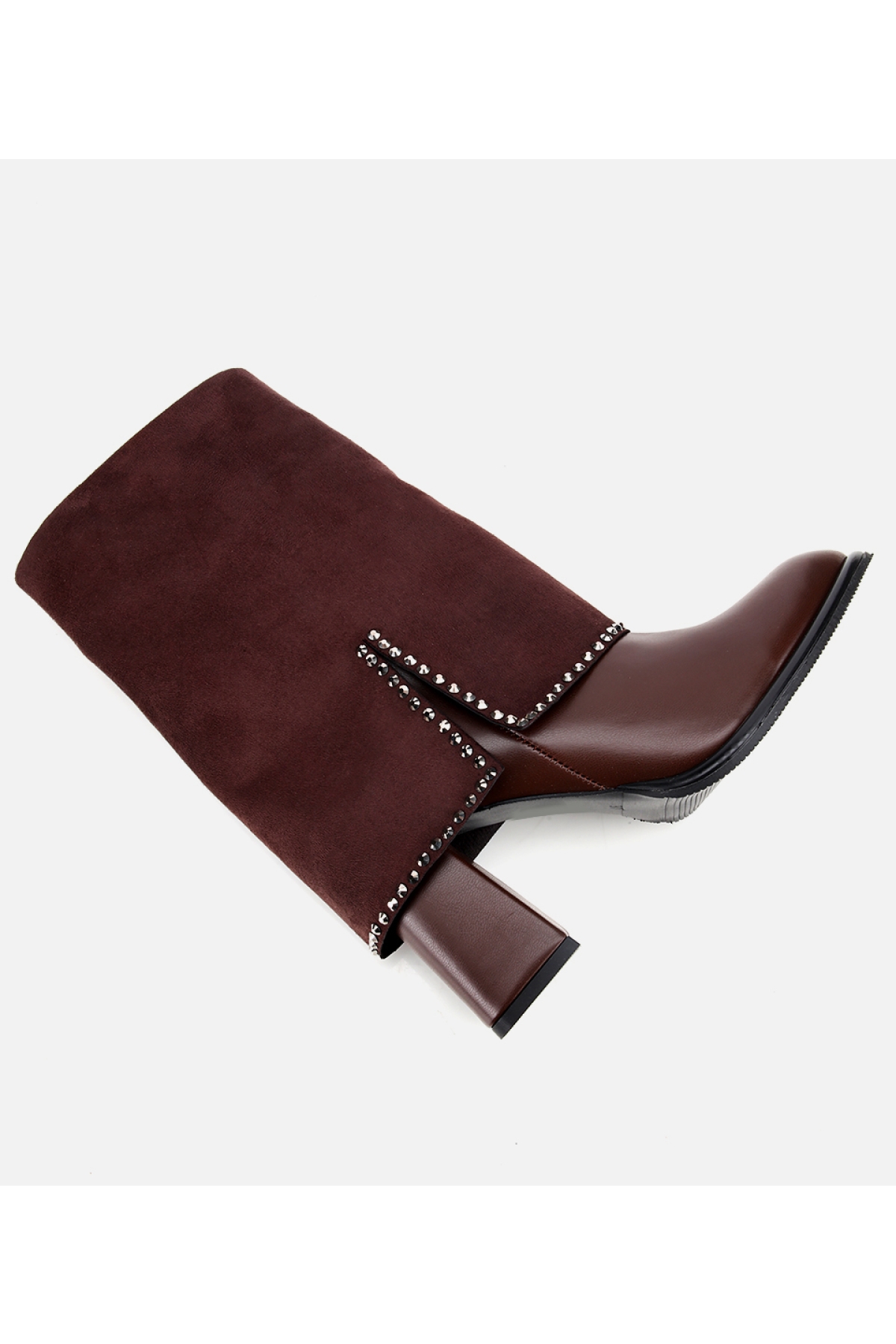 Kadın Kahverengi Pantolon Görünümlü Zımbalı Kalın Topuklu Bot - Görsel 6