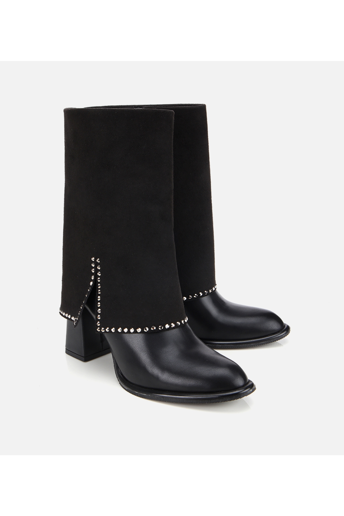 Kadın Siyah Pantolon Görünümlü Zımbalı Kalın Topuklu Bot - Görsel 2