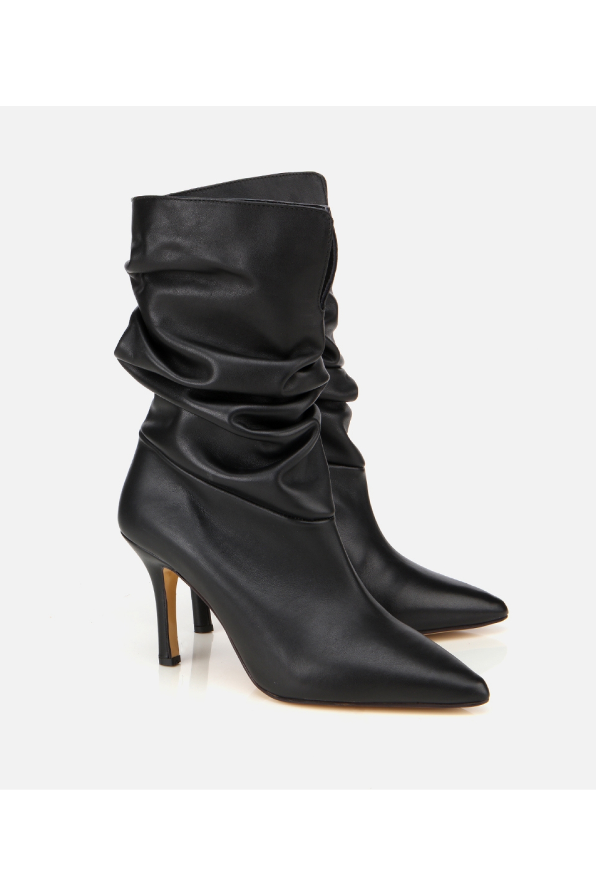 Kadın Deri Siyah Büzgülü Sivri Burunlu İnce Topuklu Bot - Görsel 2