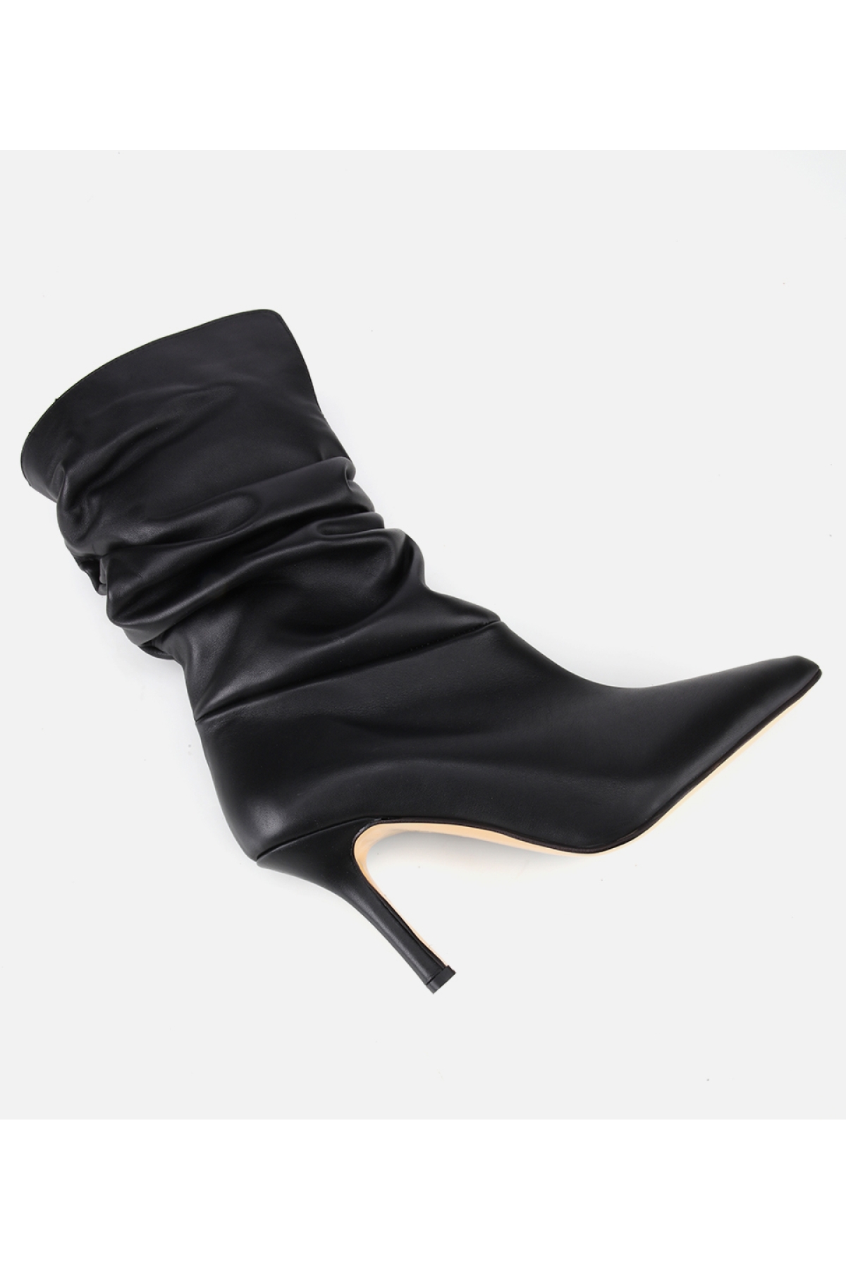 Kadın Deri Siyah Büzgülü Sivri Burunlu İnce Topuklu Bot - Görsel 6