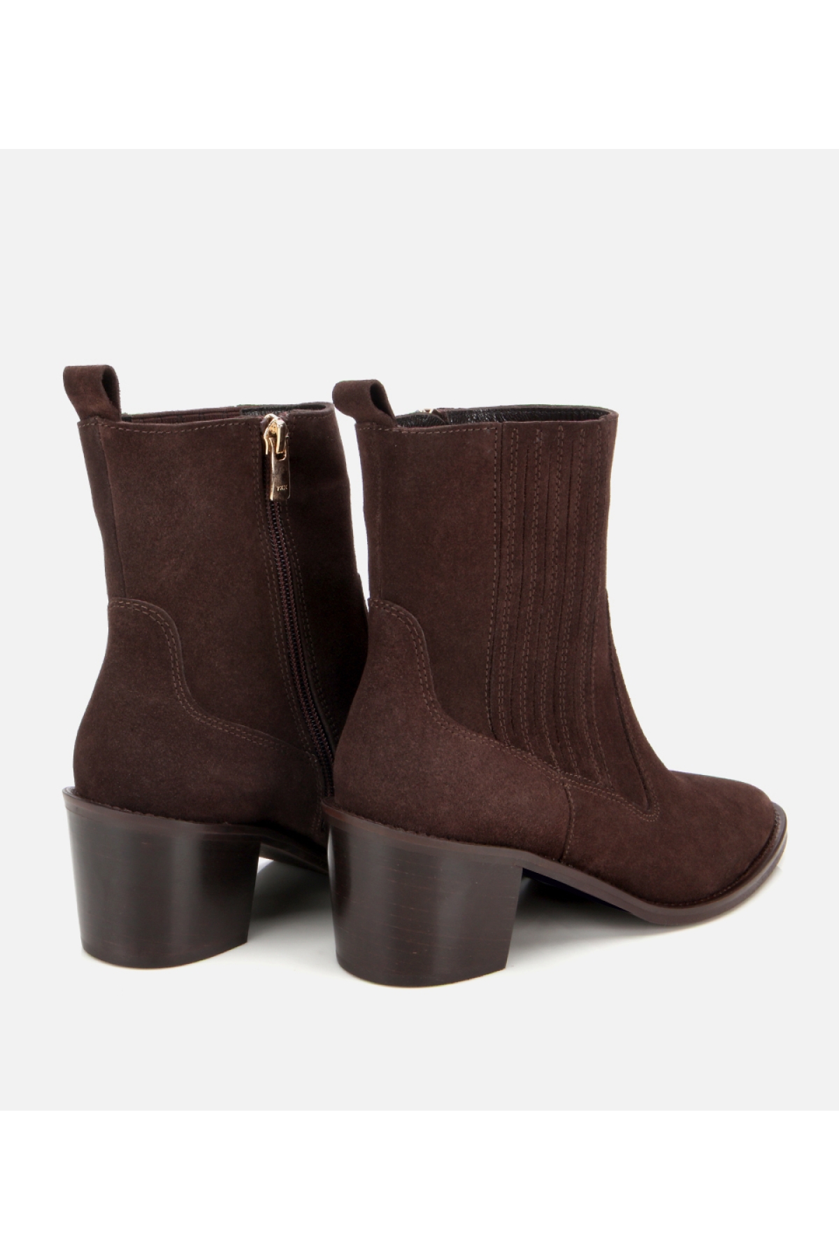 Kadın Süet Deri Kahverengi Sivri Burunlu Lastik Detaylı Topuklu Bot - Görsel 4