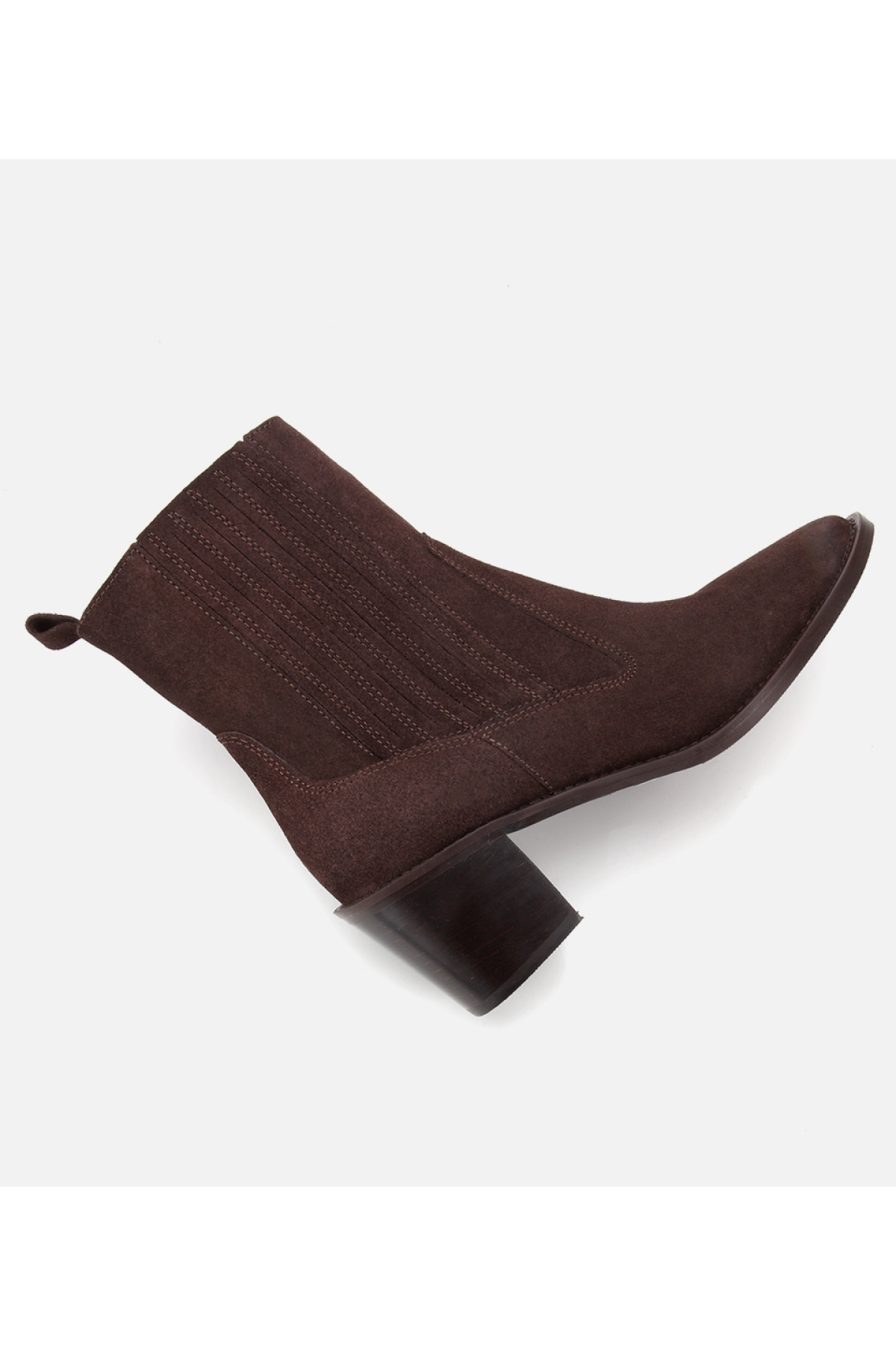 Kadın Süet Deri Kahverengi Sivri Burunlu Lastik Detaylı Topuklu Bot - Görsel 6
