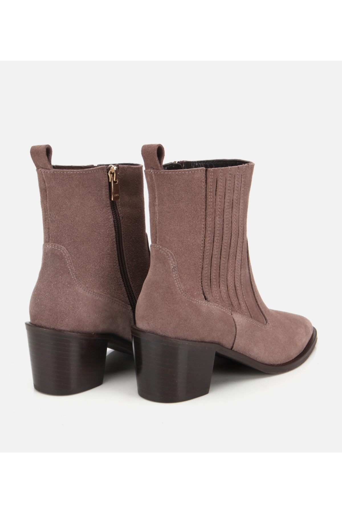 Kadın Süet Deri Vizon Sivri Burunlu Lastik Detaylı Topuklu Bot - Görsel 4