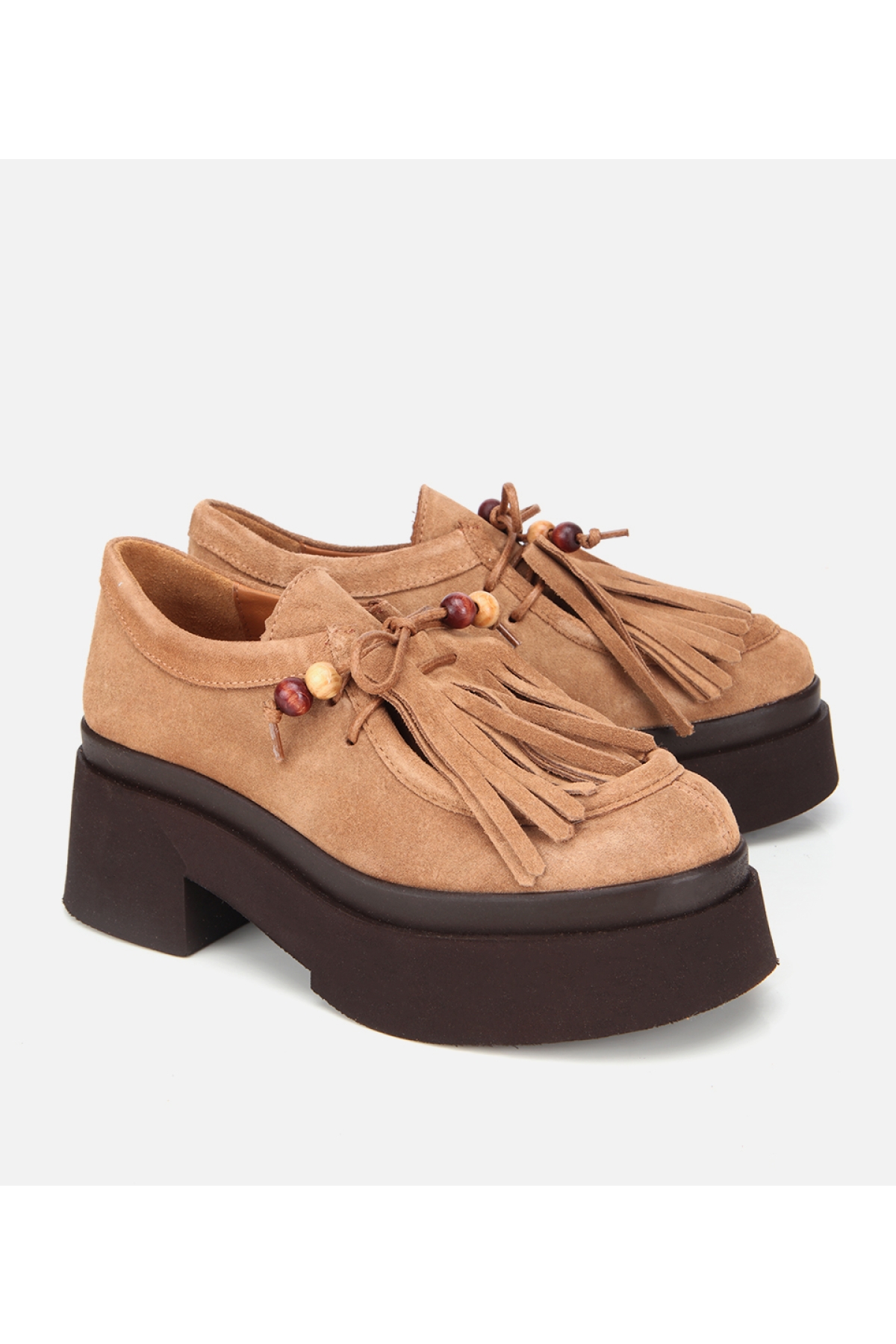Kadın Süet Deri Taba Püskül Detaylı Kalın Tabanlı Günlük Loafer - Görsel 2