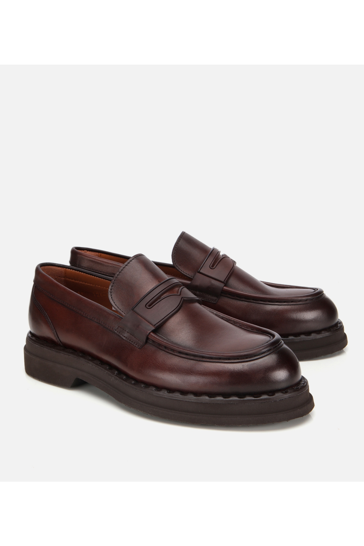 Erkek Deri Kahverengi Dikiş Detaylı Kalın Tabanlı Klasik Loafer - Görsel 2