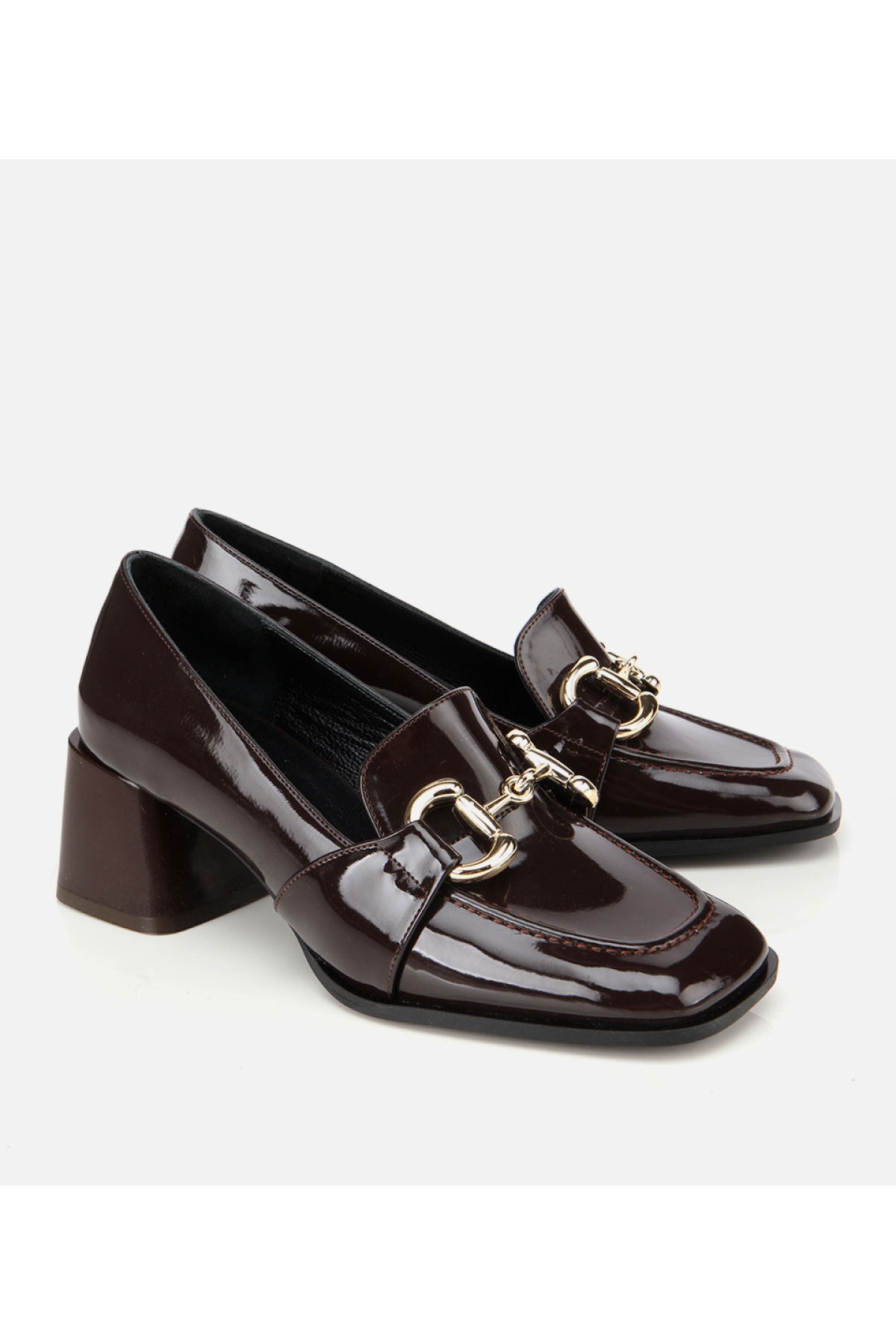 Kadın Rugan Kahverengi Tokalı Kare Uçlu Topuklu Klasik Loafer - Görsel 3