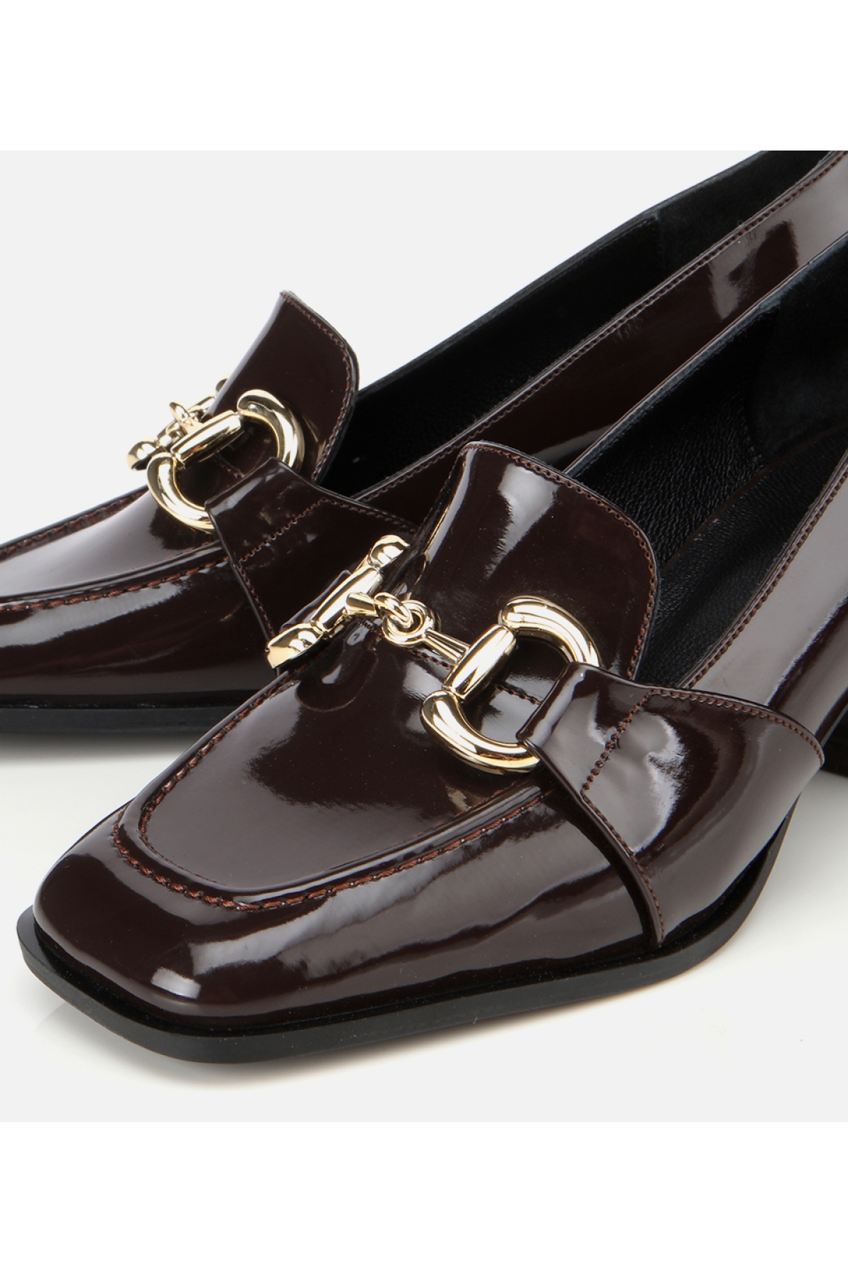 Kadın Rugan Kahverengi Tokalı Kare Uçlu Topuklu Klasik Loafer - Görsel 4