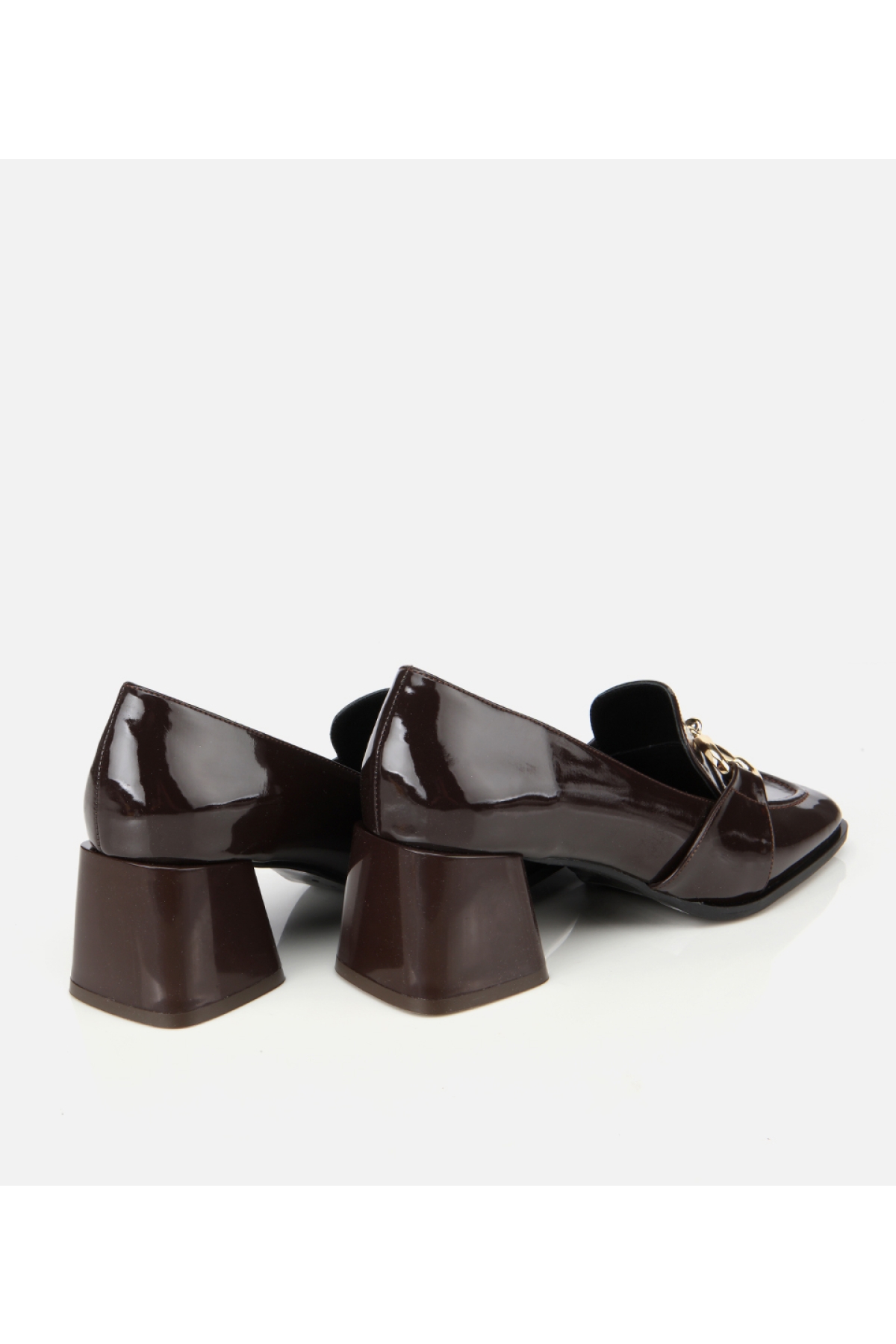 Kadın Rugan Kahverengi Tokalı Kare Uçlu Topuklu Klasik Loafer - Görsel 5
