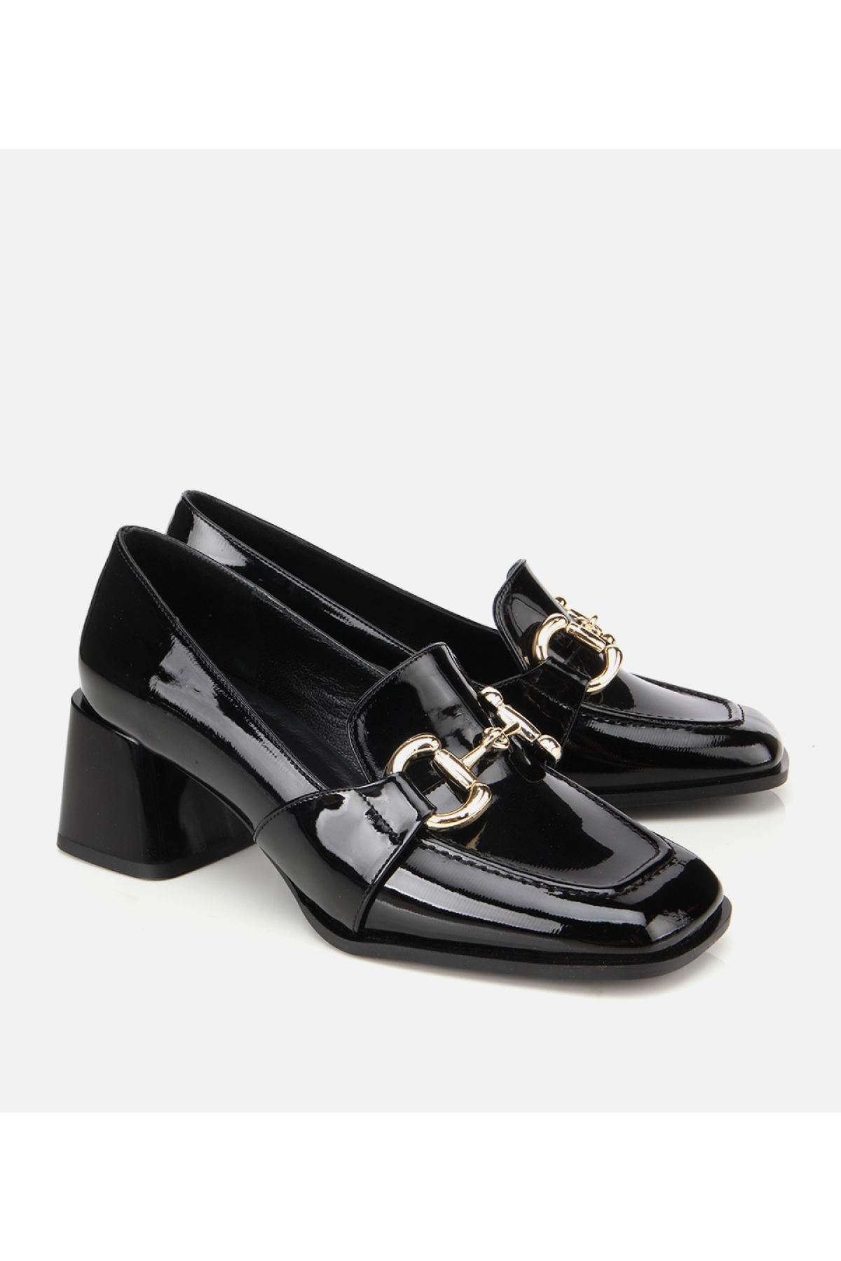 Kadın Rugan Siyah Tokalı Kare Uçlu Topuklu Klasik Loafer - Görsel 3