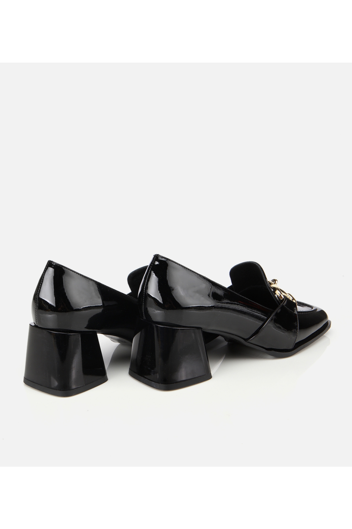 Kadın Rugan Siyah Tokalı Kare Uçlu Topuklu Klasik Loafer - Görsel 5
