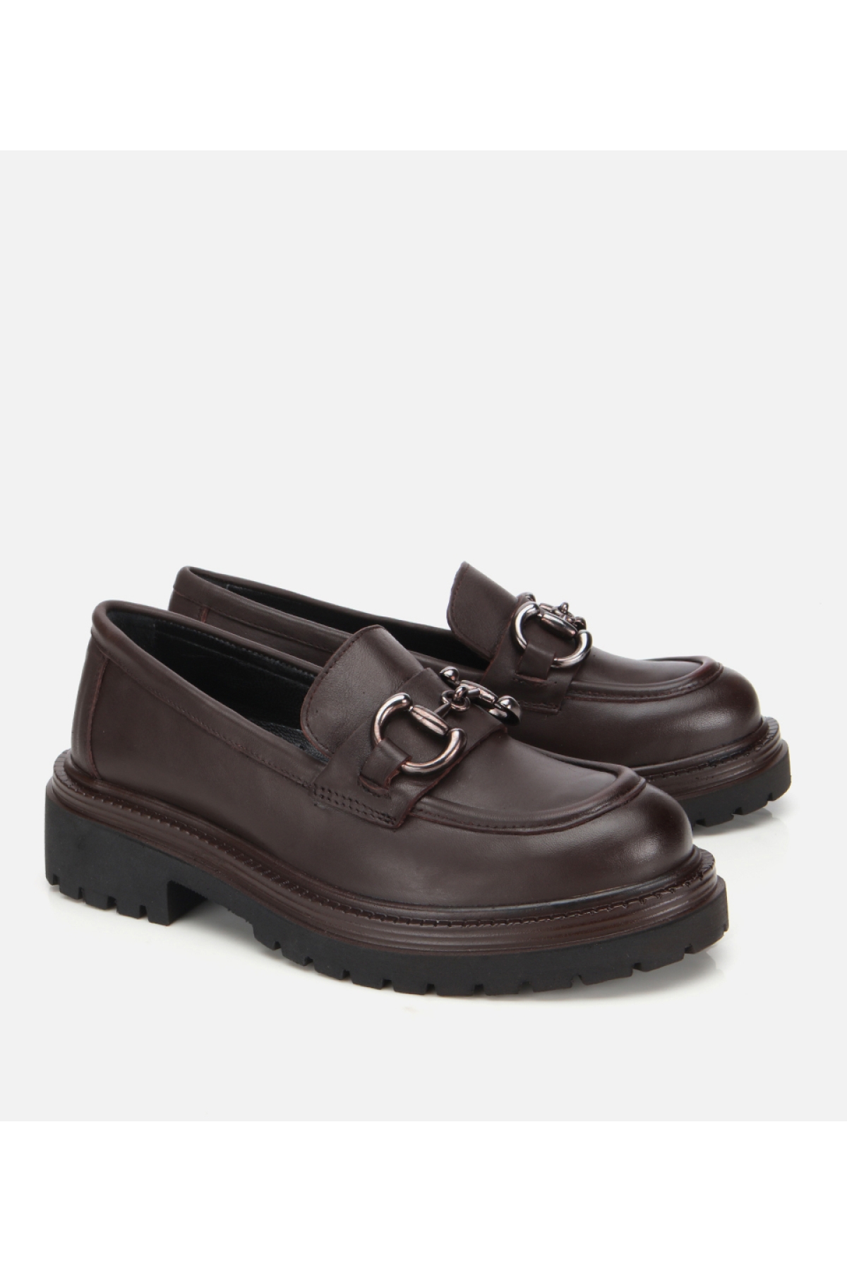 Kadın Deri Kahverengi Tokalı Yüksek Tabanlı Klasik Loafer - Görsel 3