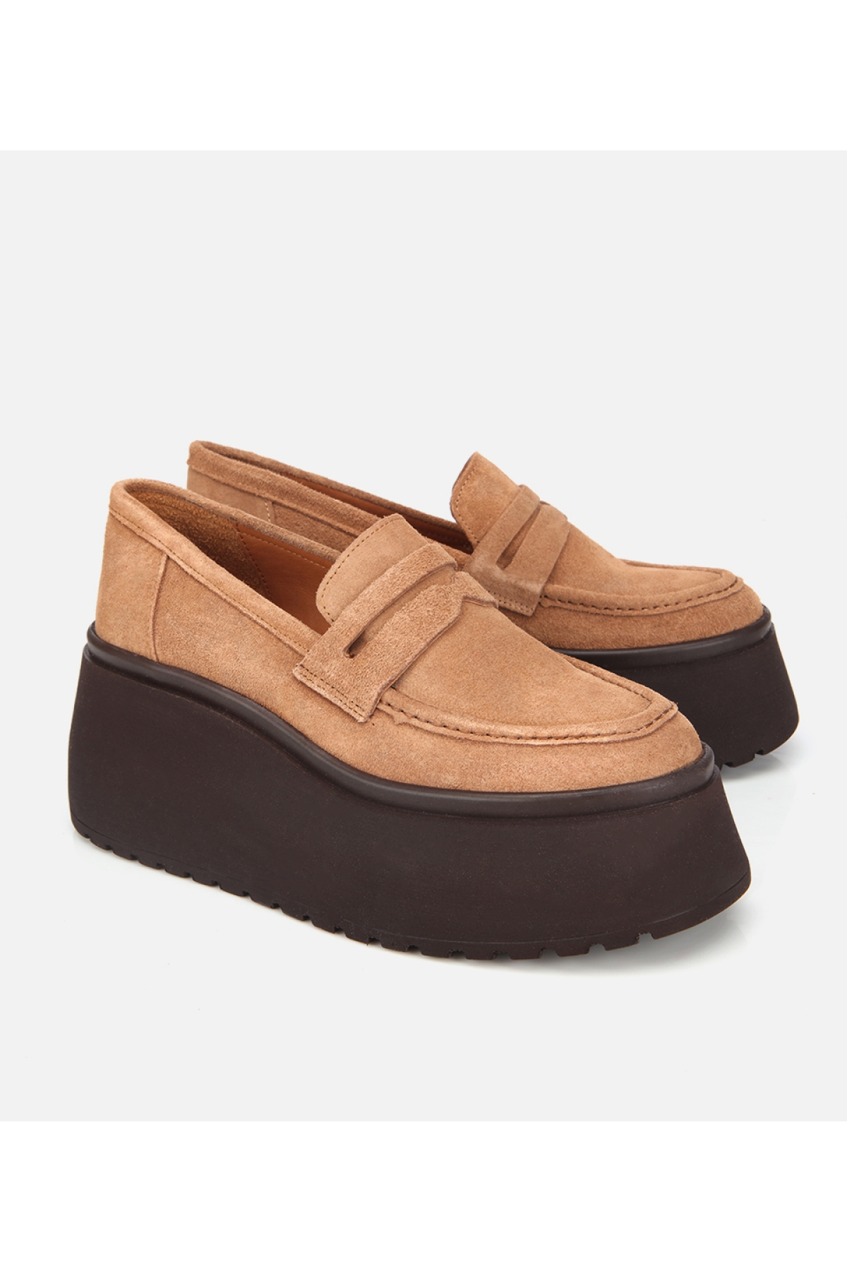 Kadın Süet Deri Taba Dolgu Topuklu Günlük Loafer - Görsel 3