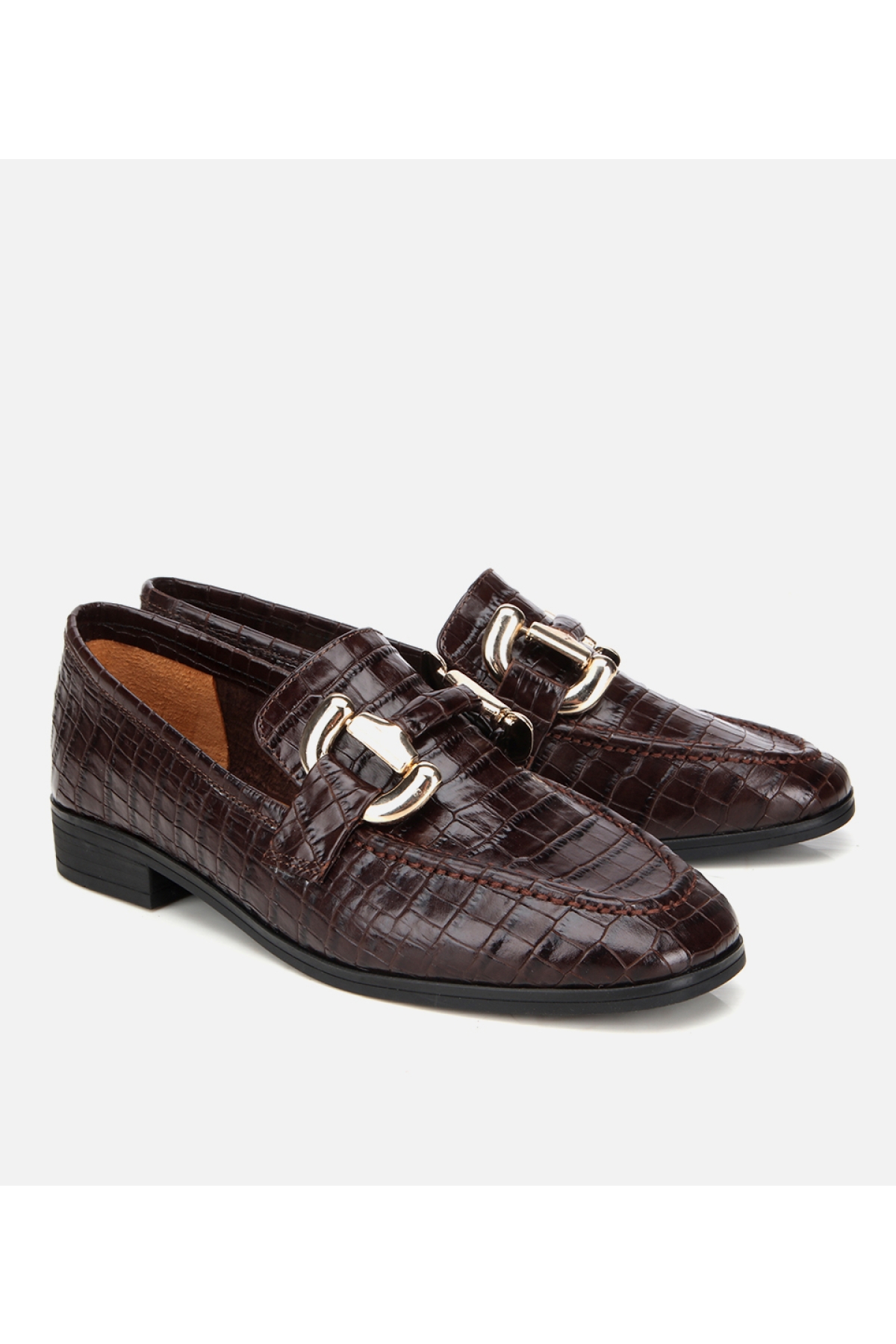 Kadın Deri Kahverengi Kroko Baskılı Klasik Loafer - Görsel 3