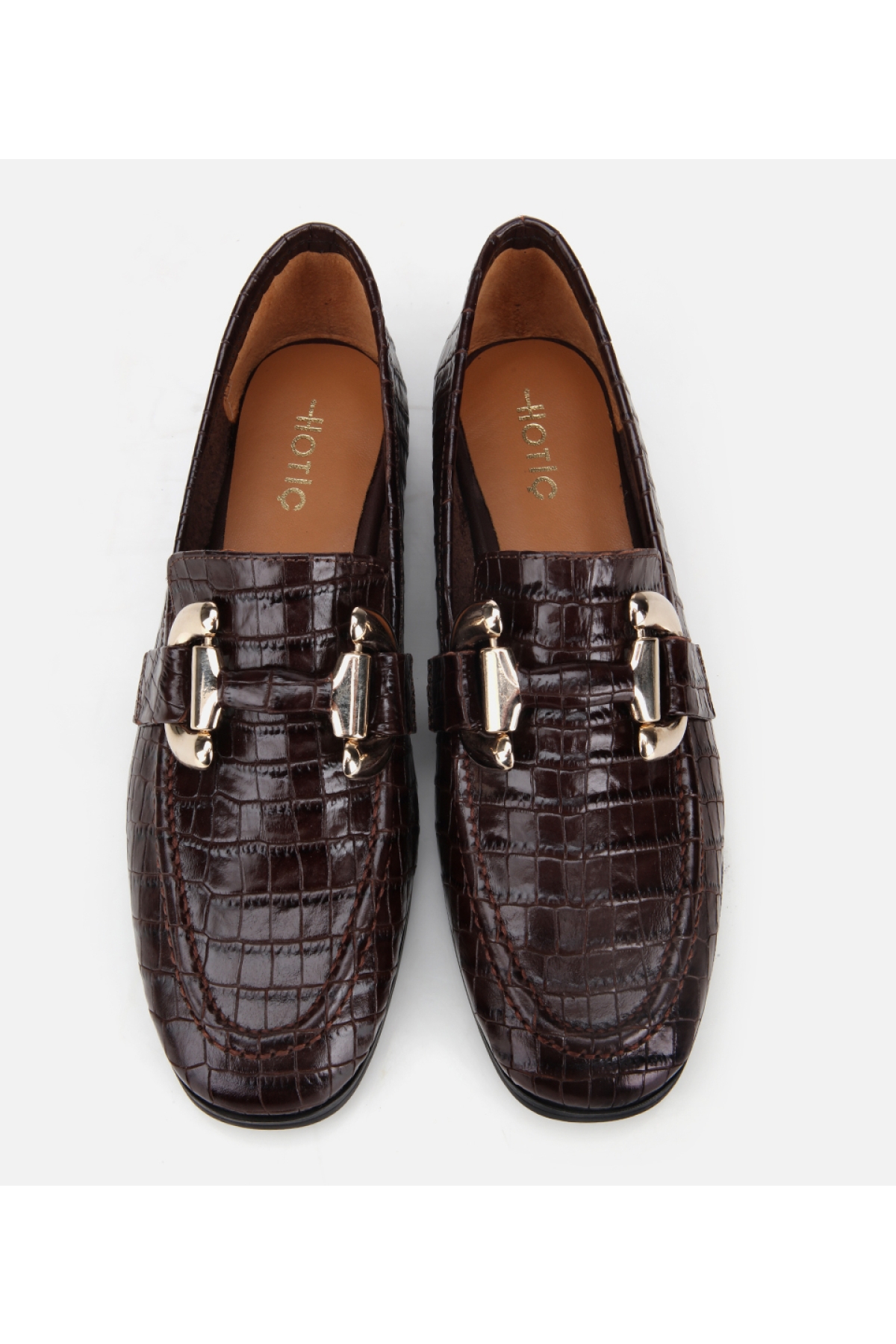 Kadın Deri Kahverengi Kroko Baskılı Klasik Loafer - Görsel 7