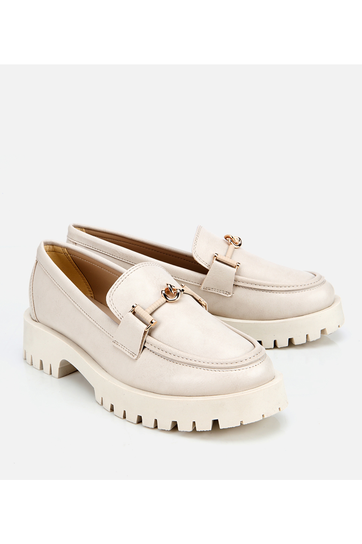 Kadın Ekru Kalın Tabanlı Klasik Loafer - Görsel 3