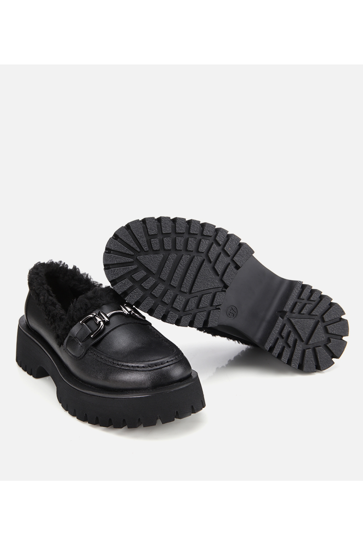 Kadın Siyah Kürklü Tokalı Kalın Tabanlı Günlük Loafer - Görsel 7