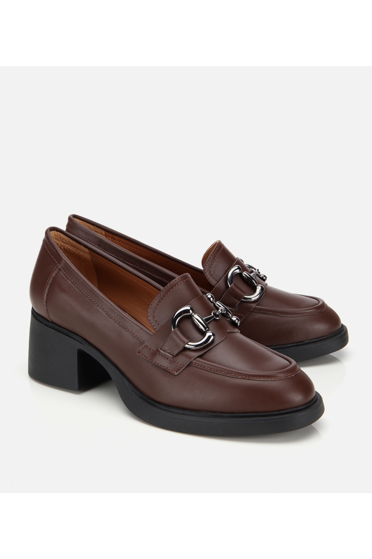 Kadın Deri Kahverengi Tokalı Yüksek Topuklu Klasik Loafer - Görsel 3