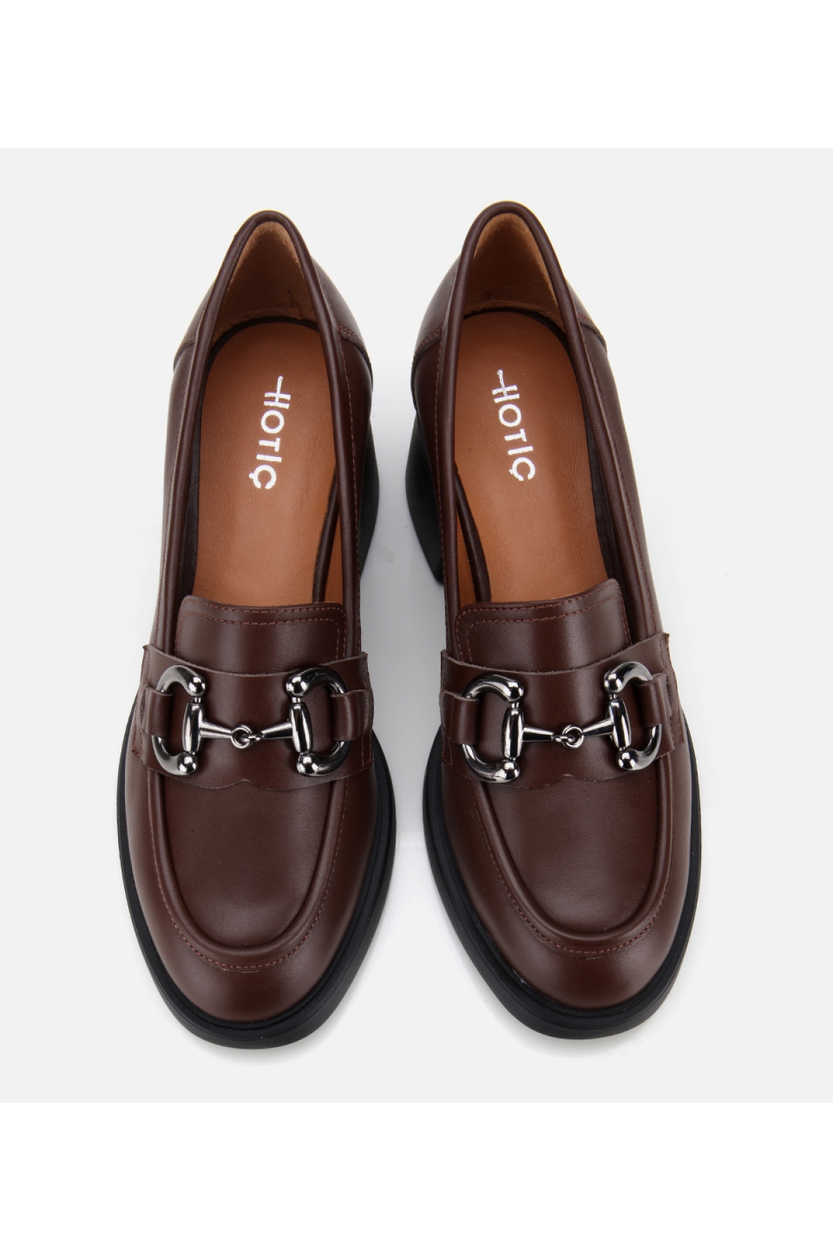 Kadın Deri Kahverengi Tokalı Yüksek Topuklu Klasik Loafer - Görsel 7