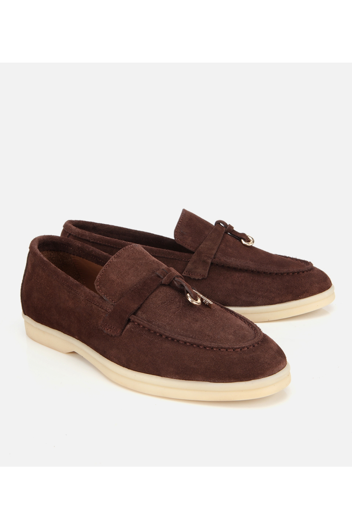 Kadın Süet Deri Kahverengi Gold Aksesuarlı Klasik Loafer - Görsel 2