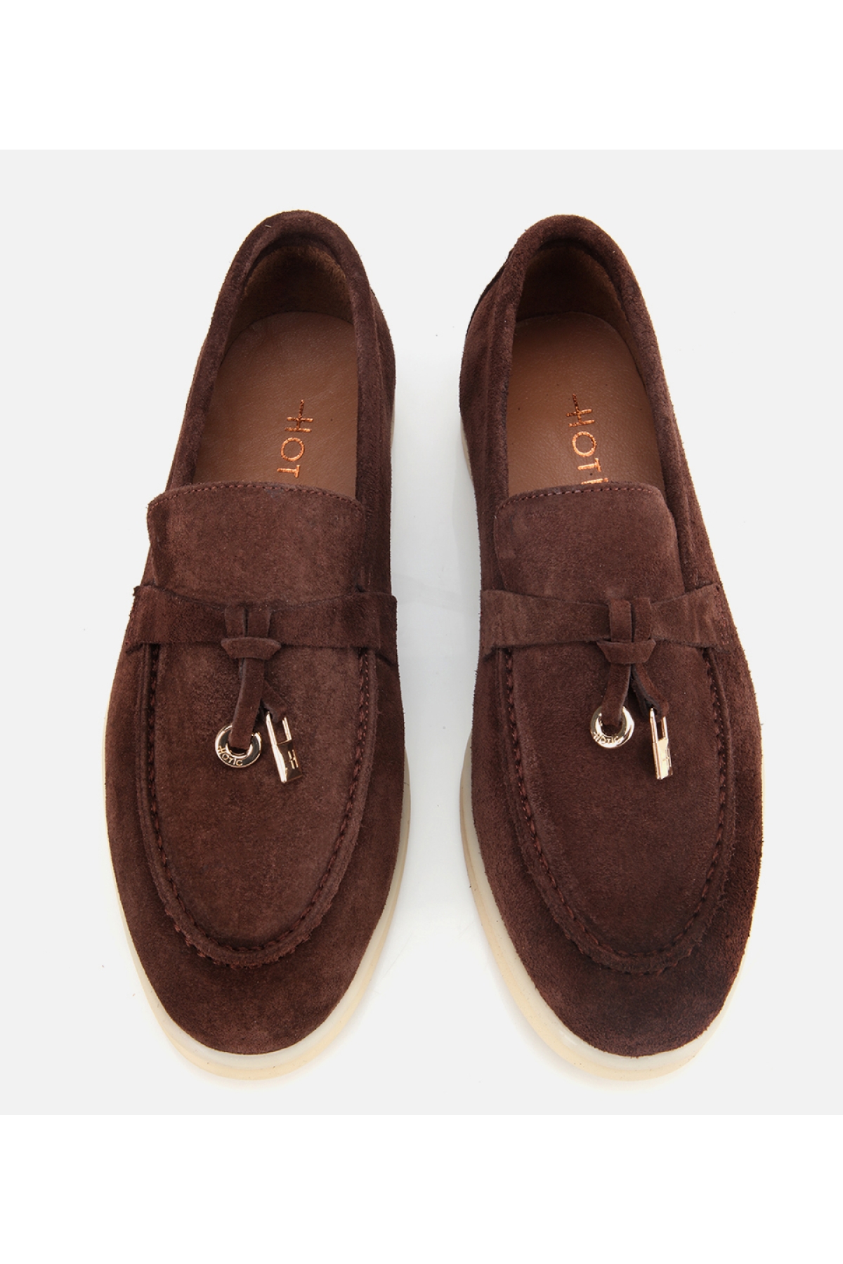 Kadın Süet Deri Kahverengi Gold Aksesuarlı Klasik Loafer - Görsel 6