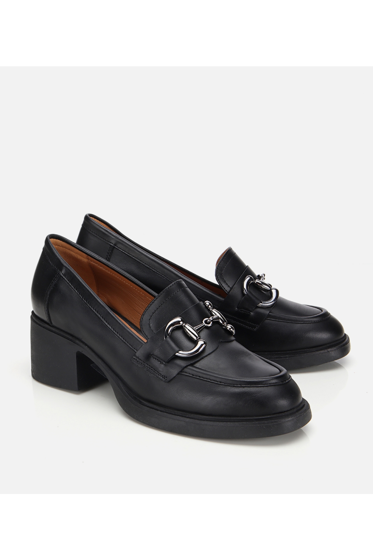 Kadın Deri Siyah Tokalı Yüksek Topuklu Klasik Loafer - Görsel 3