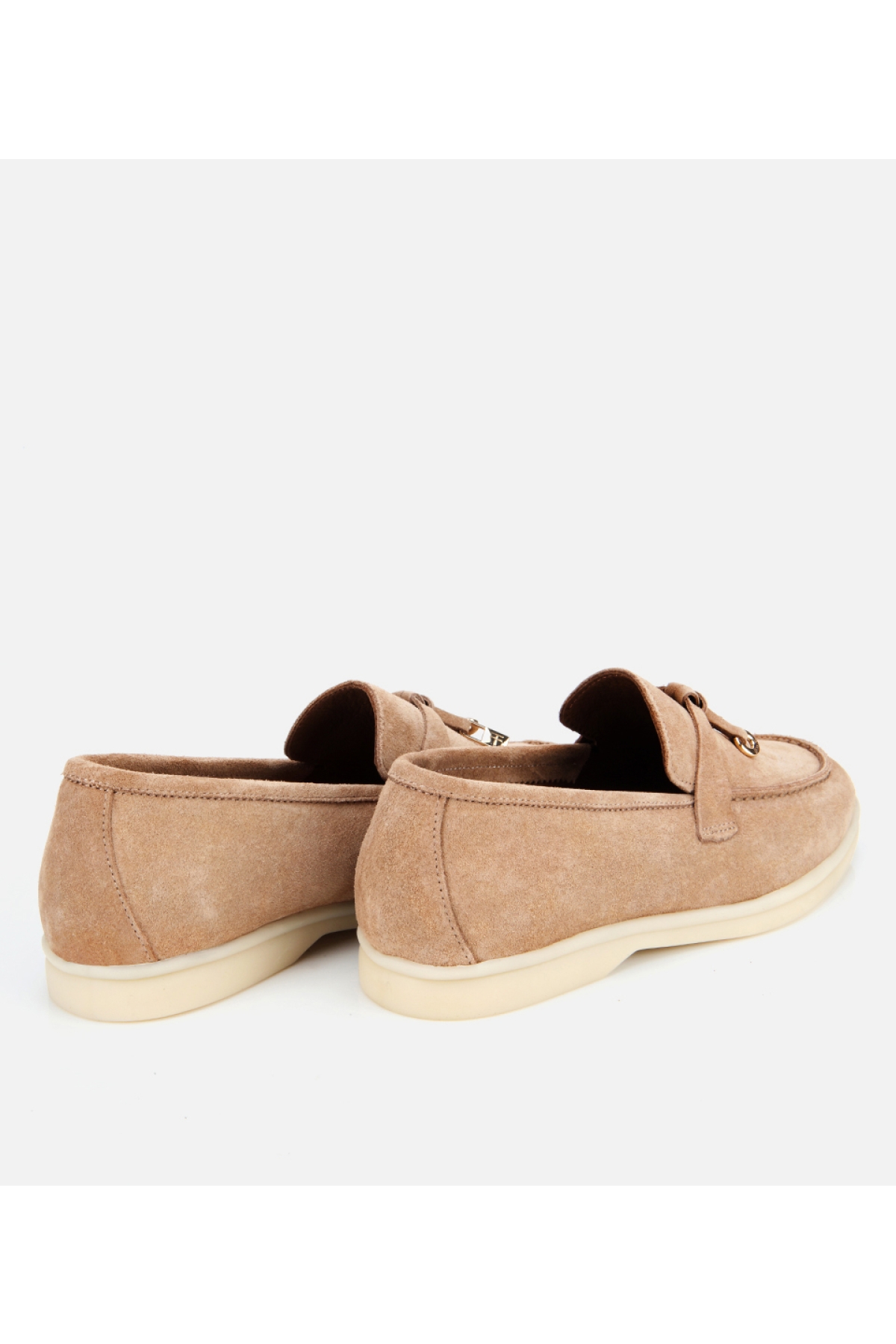 Kadın Süet Deri Bej Gold Aksesuarlı Klasik Loafer - Görsel 4