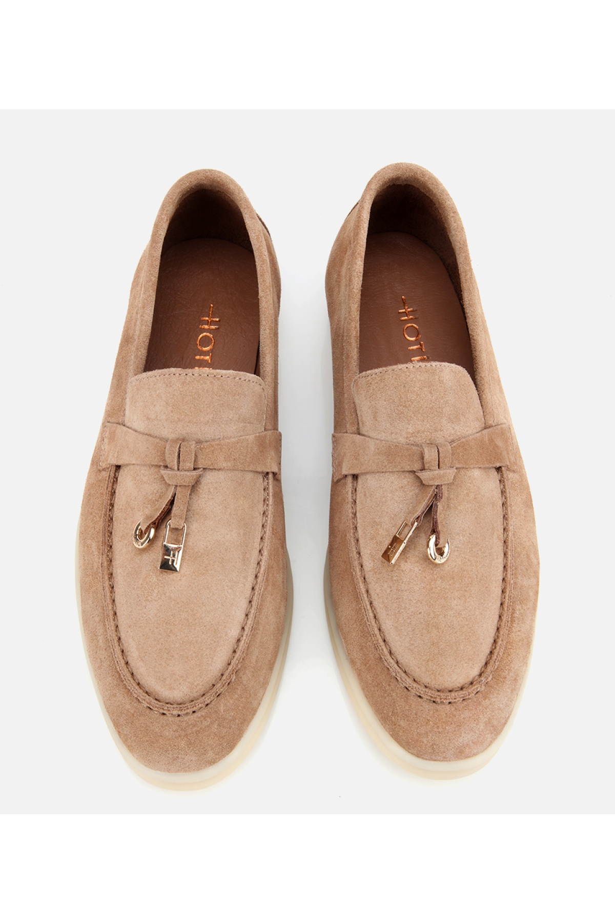 Kadın Süet Deri Bej Gold Aksesuarlı Klasik Loafer - Görsel 6