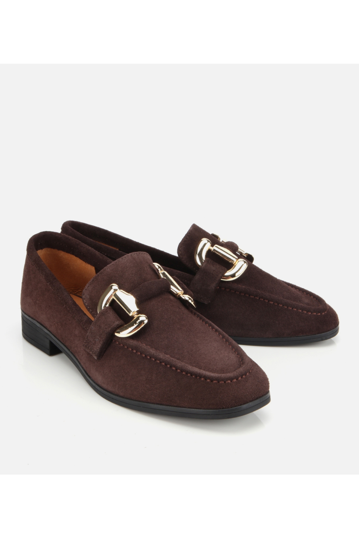Kadın Süet Deri Kahverengi Tokalı Klasik Loafer - Görsel 2