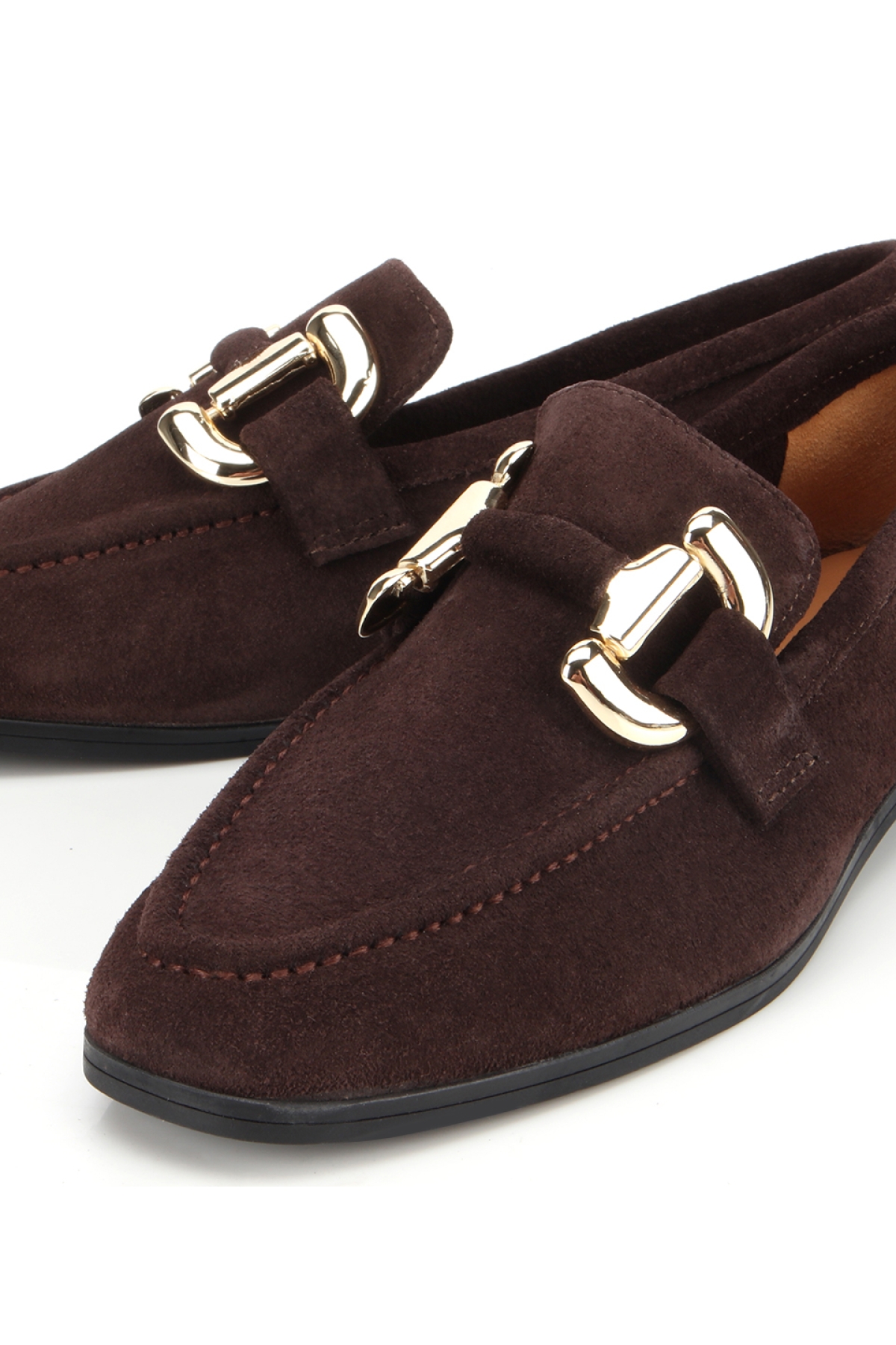 Kadın Süet Deri Kahverengi Tokalı Klasik Loafer - Görsel 3