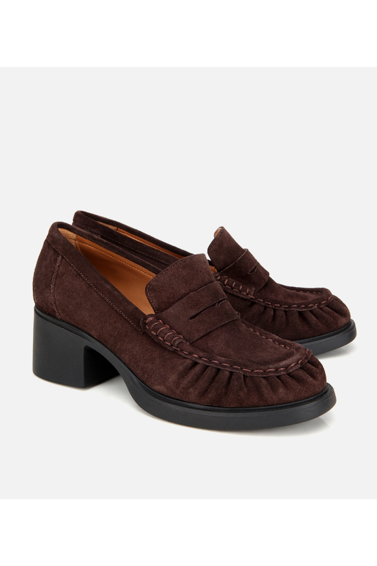 Kadın Süet Deri Kahverengi Kalın Topuklu Klasik Loafer - Görsel 2