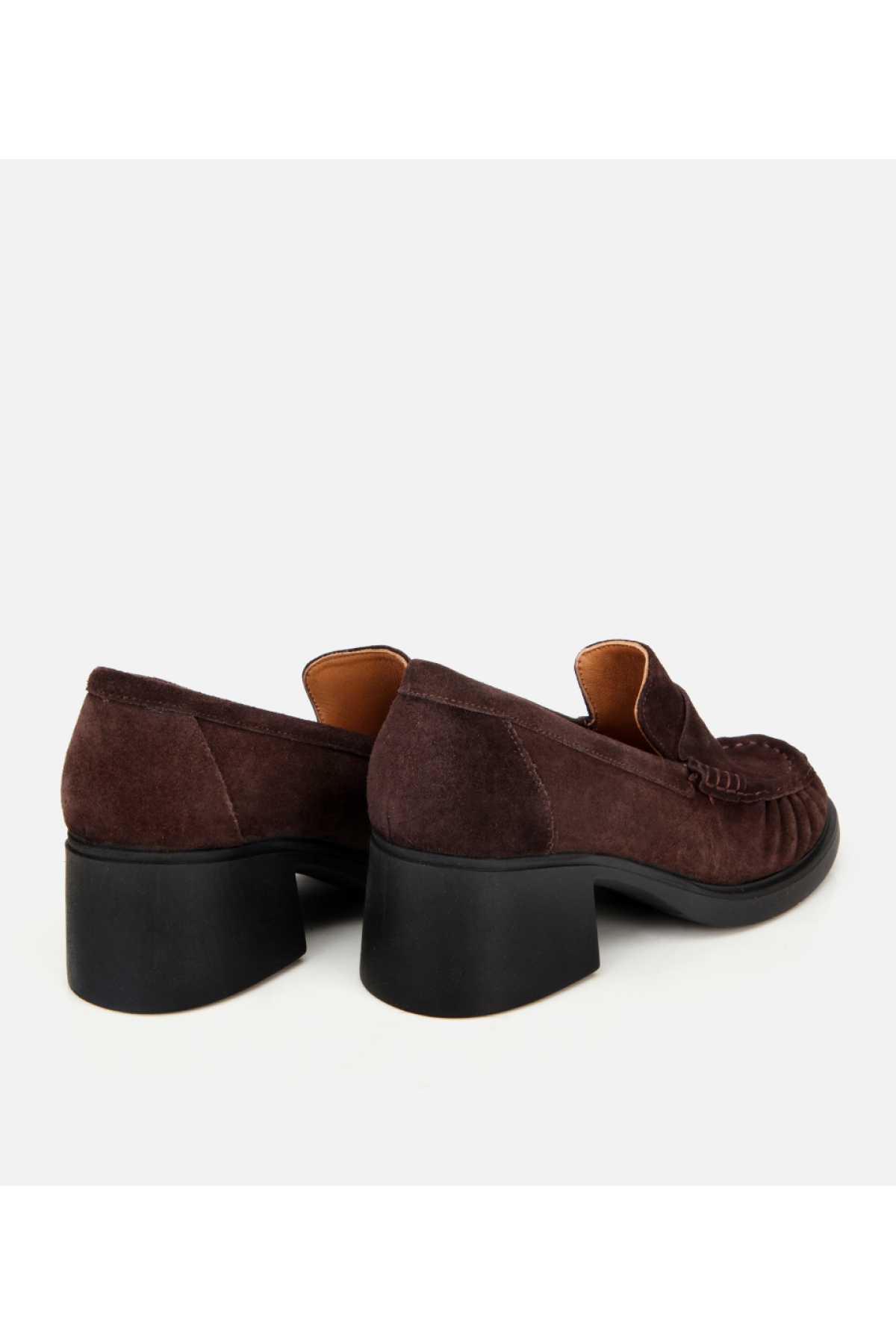 Kadın Süet Deri Kahverengi Kalın Topuklu Klasik Loafer - Görsel 4
