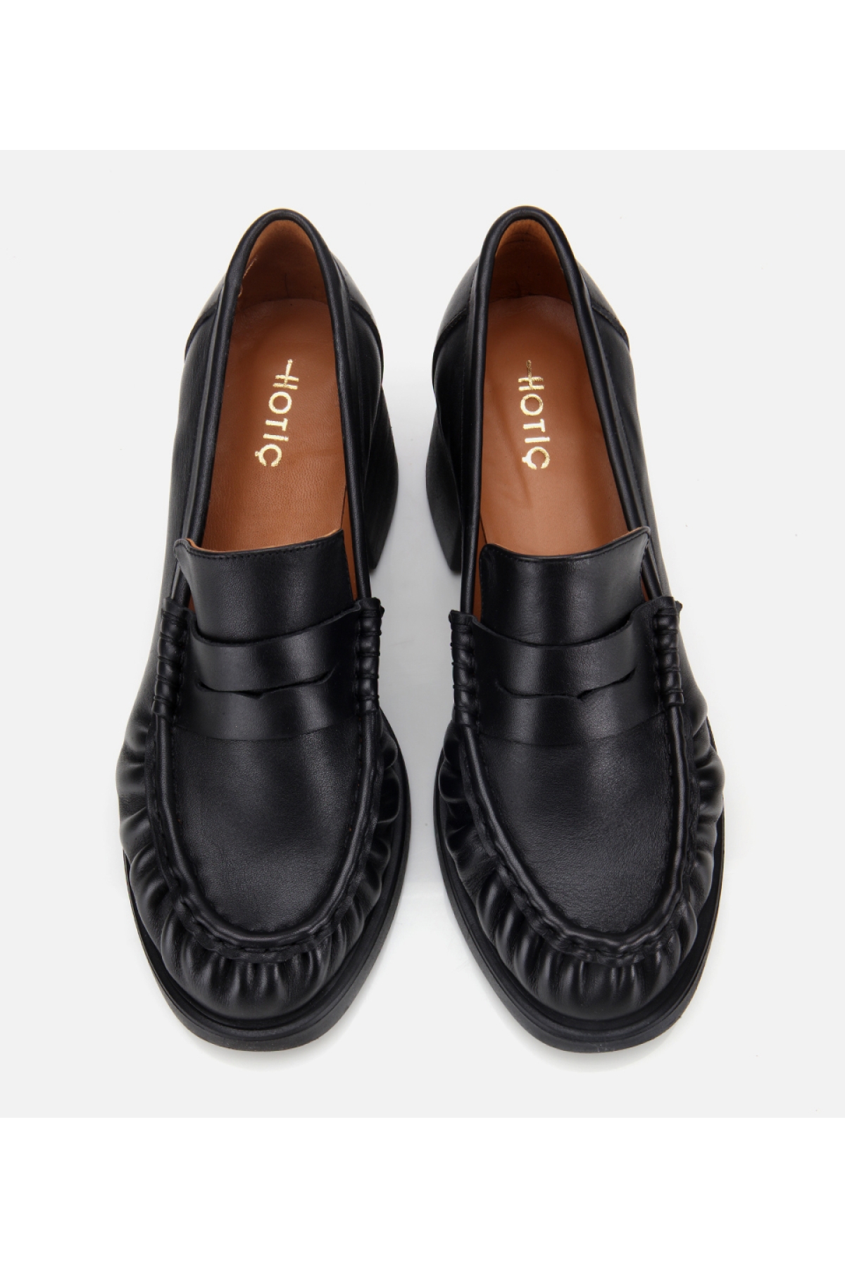 Kadın Deri Siyah Büzgülü Kalın Tabanlı Klasik Loafer - Görsel 6