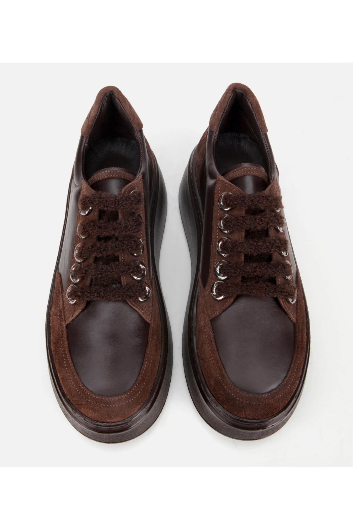 Kadın Deri Kahverengi Bağcık Detaylı Kalın Tabanlı Spor Ayakkabı - Görsel 6