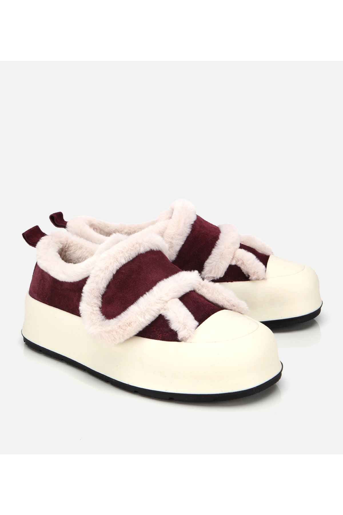 Kadın Süet Deri Bordo İçi Kürklü Kalın Bantlı Spor Ayakkabı - Görsel 2